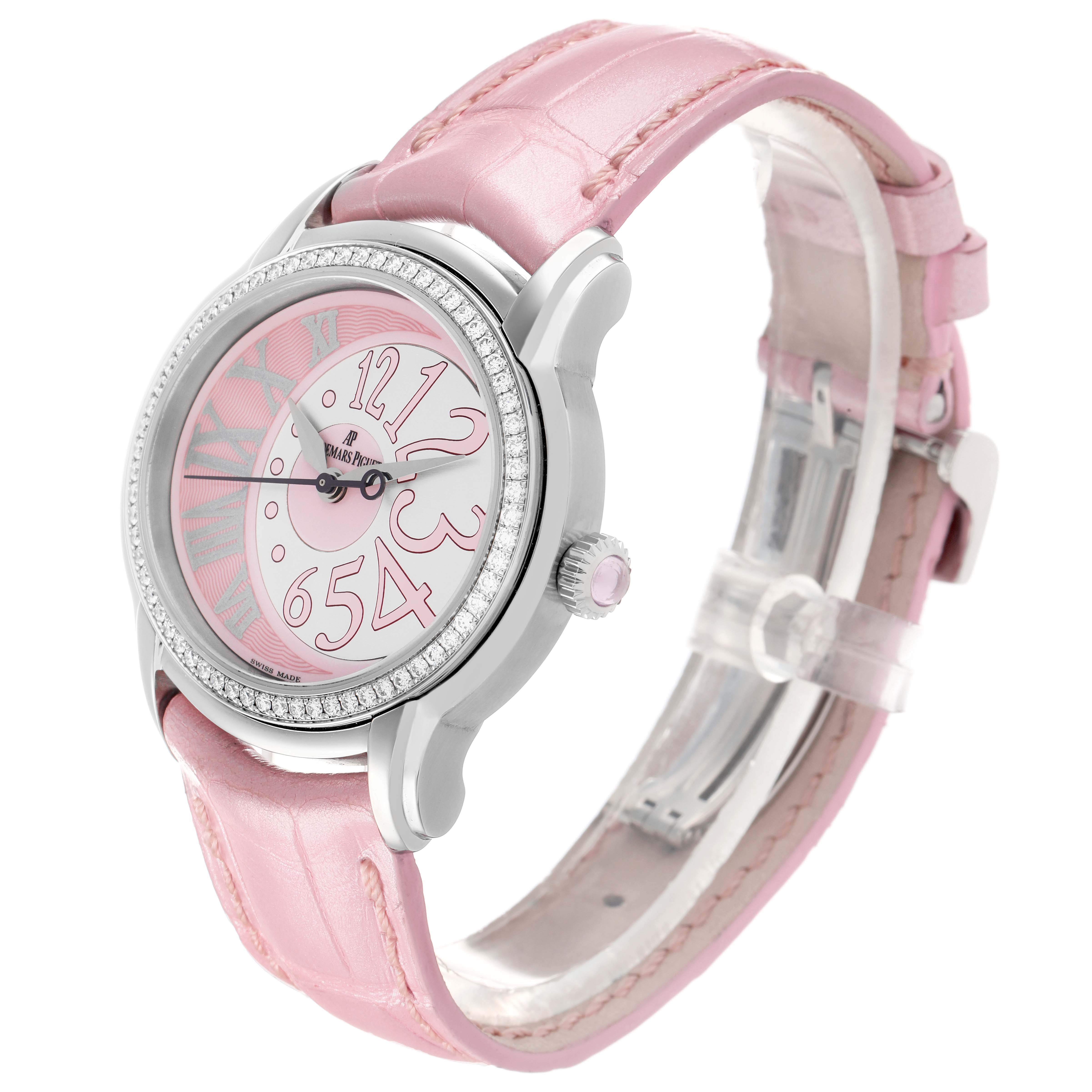 The image shows a pink Audemars Piguet Millenary 77301ST Women
s Stainless Steel Pink Dial watch at a front-side angle, highlighting the case, dial, strap, and bezel.
