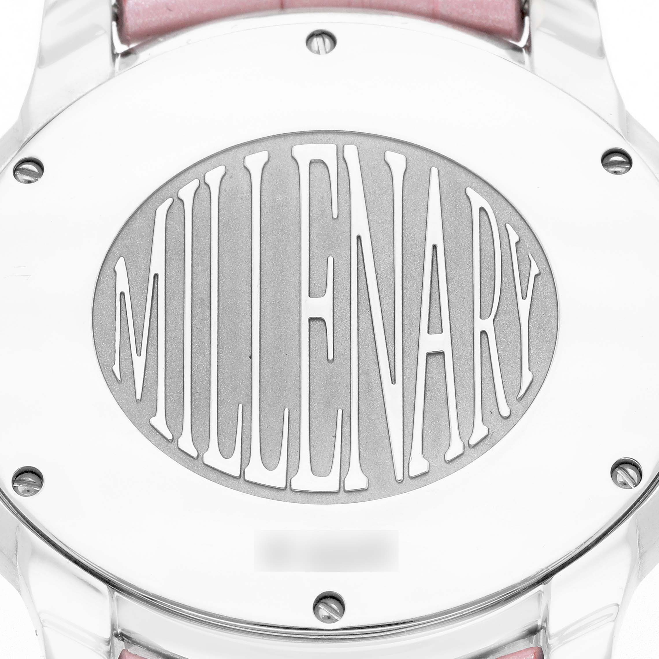 The image shows the back case of the Audemars Piguet Millenary 77301ST Women
s Stainless Steel Pink Dial model with the engraved logo.