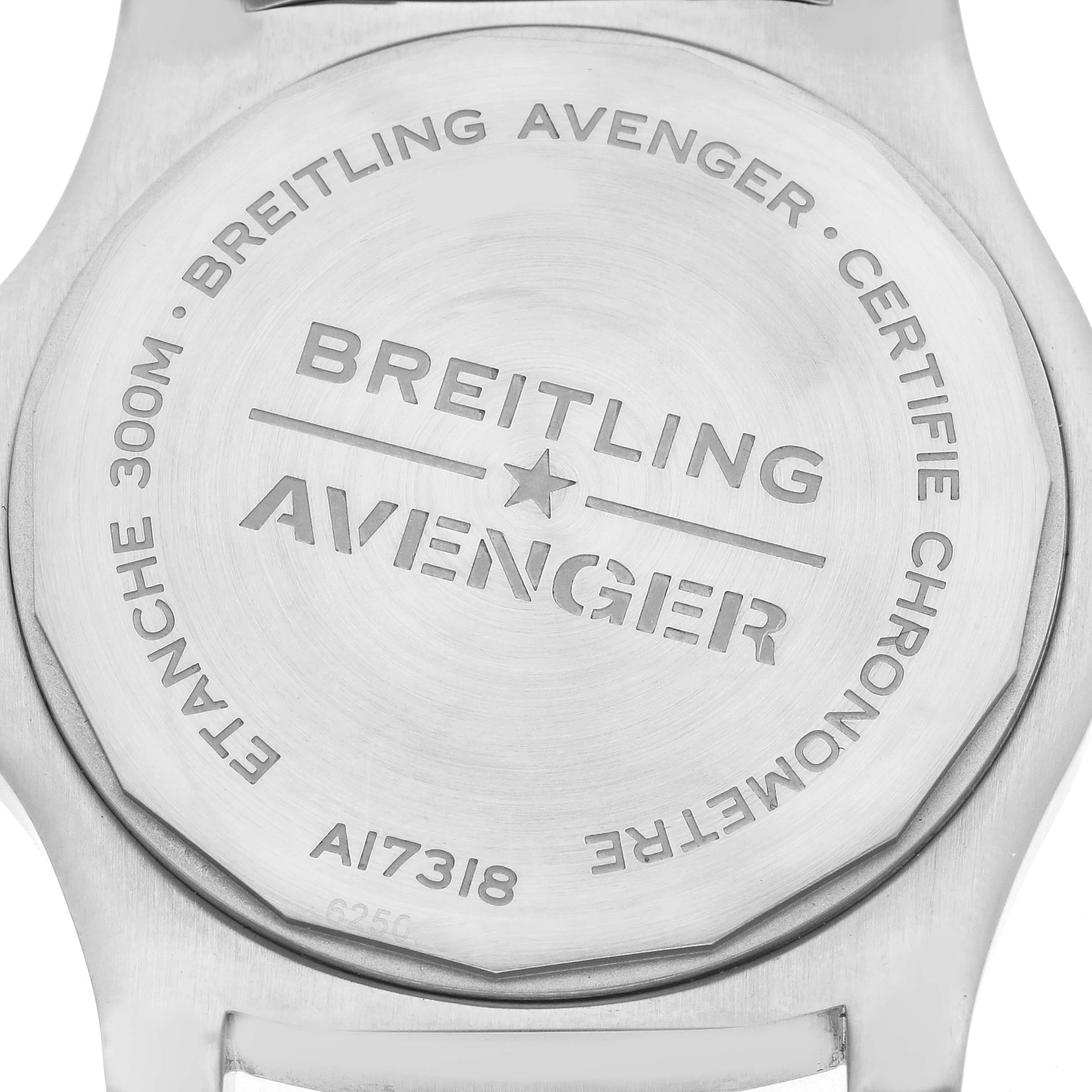 The image shows the back case of a Breitling Avenger A17318 Men
s Stainless Steel Black Dial watch, highlighting engravings and model details.