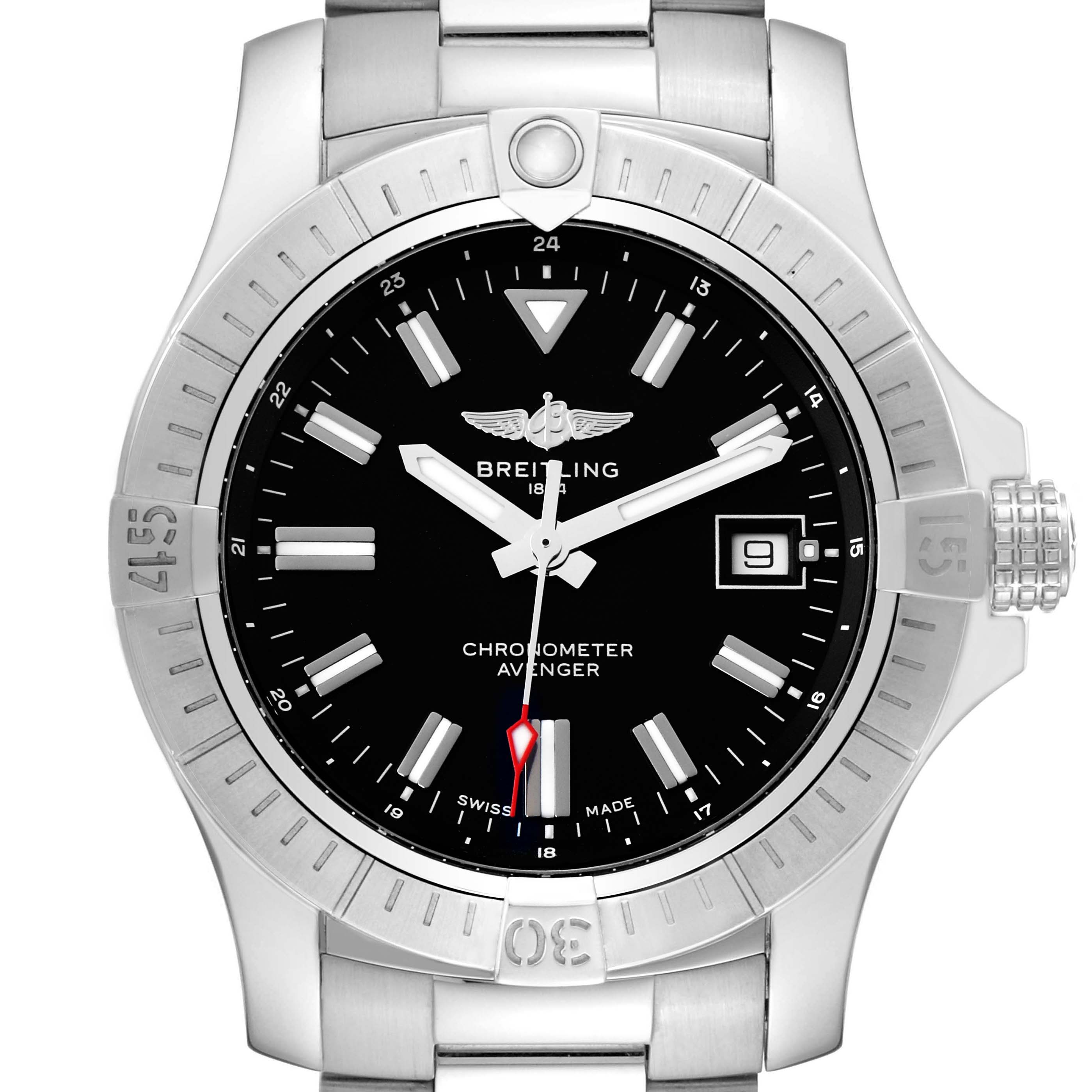 The image shows a front view of the Breitling Avenger A17318 Men
s Stainless Steel Black Dial watch, highlighting the dial, bezel, and bracelet.