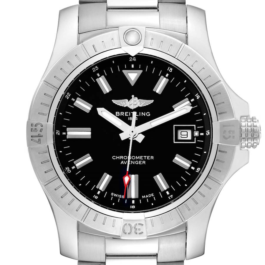 The image shows a front view of the Breitling Avenger A17318 Men's Stainless Steel Black Dial watch, highlighting the dial, bezel, and bracelet.