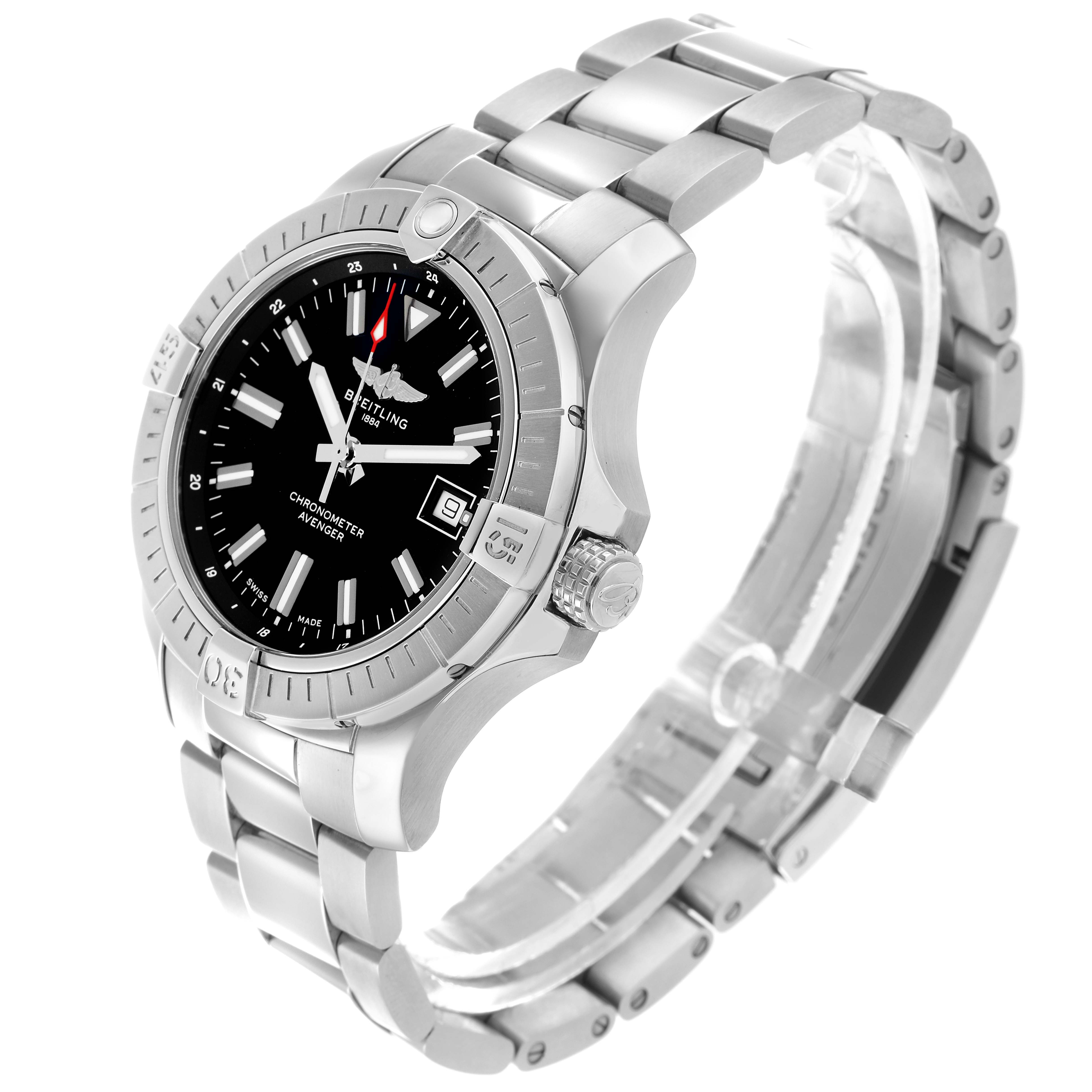 The Breitling Avenger A17318 Men
s Stainless Steel Black Dial watch is shown at a three-quarter angle, highlighting the face, bezel, crown, and stainless steel bracelet.