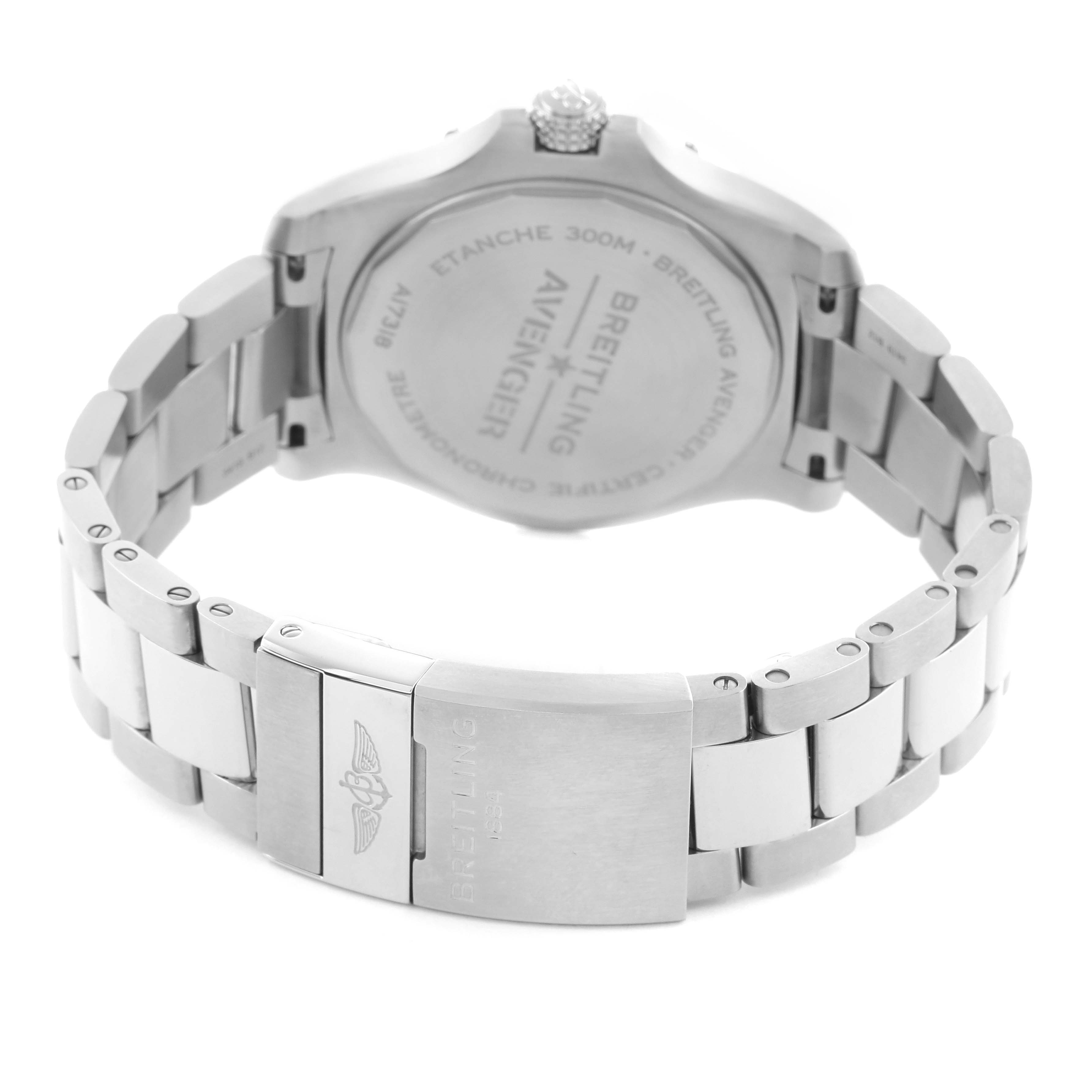 The image shows the back case and metal bracelet clasp of a Breitling Avenger A17318 Men
s Stainless Steel Black Dial watch from a rear angle.