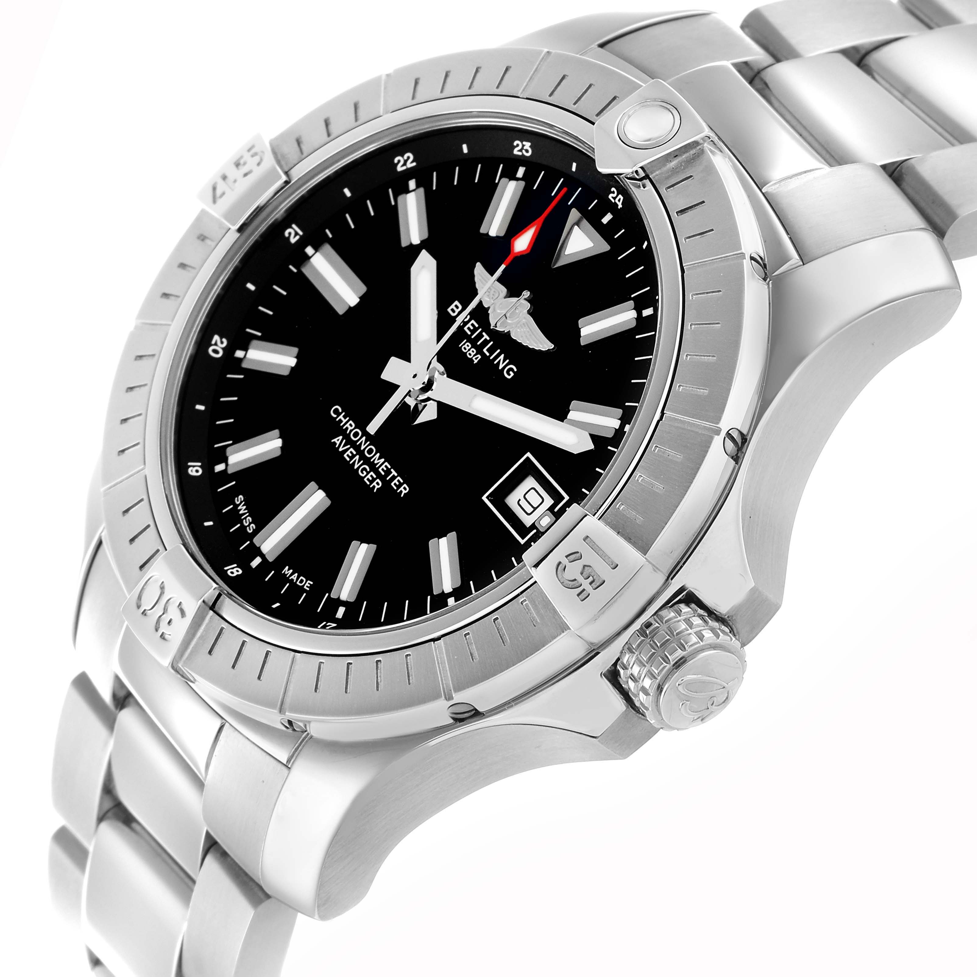 The Breitling Avenger A17318 Men
s Stainless Steel Black Dial watch is shown from a side angle, displaying the bezel, dial, crown, and bracelet.