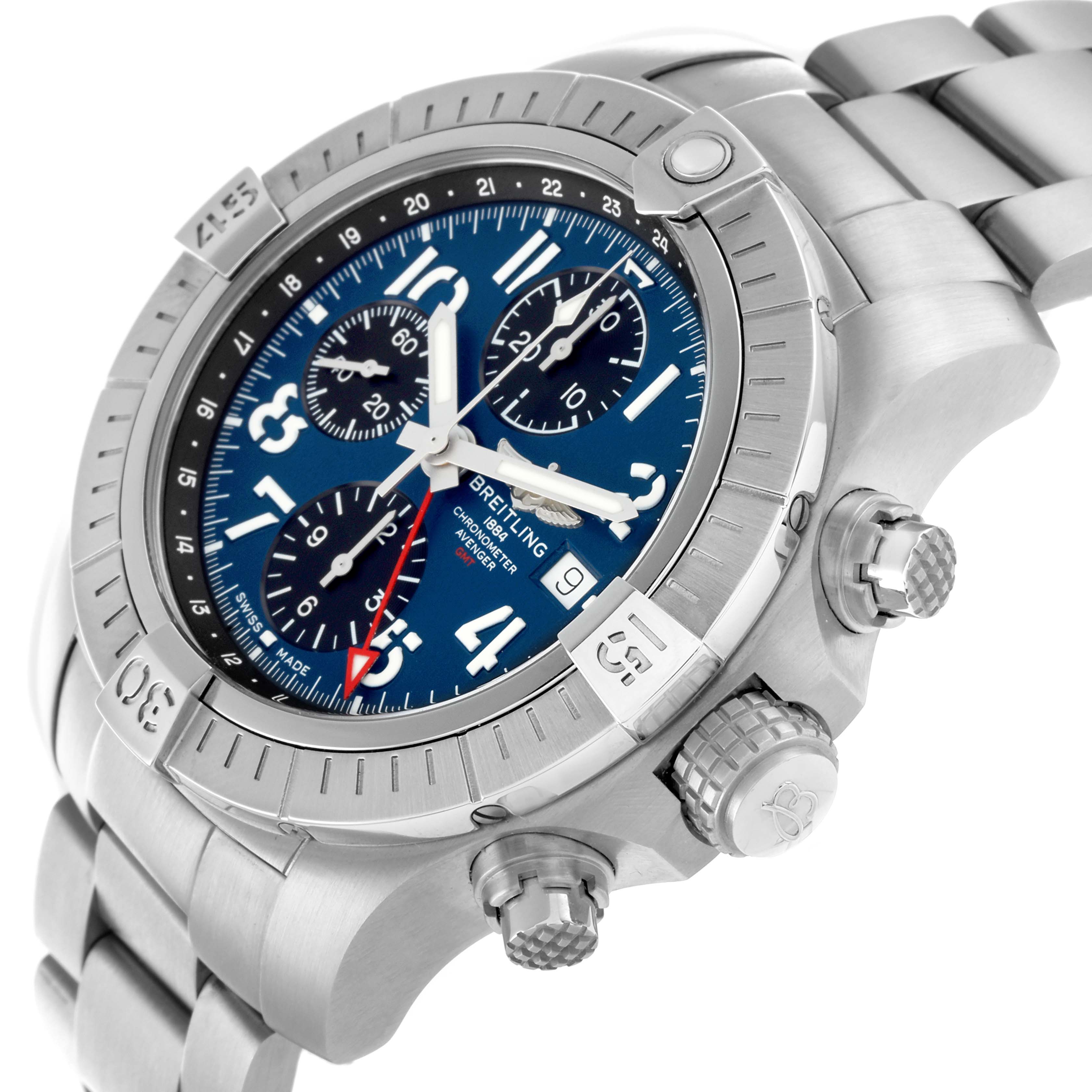 The Breitling Avenger A24315 Men
s Stainless Steel Blue Dial watch is shown at an angle highlighting the face, bezel, pushers, and part of the bracelet.