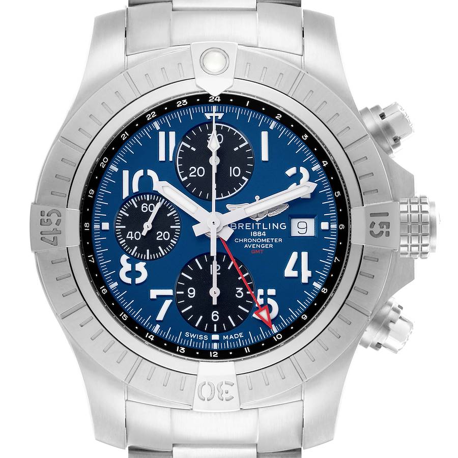 The Breitling Avenger A24315 Men's Stainless Steel Blue Dial watch is shown from a front angle, displaying the dial, bezel, and chronograph subdials.