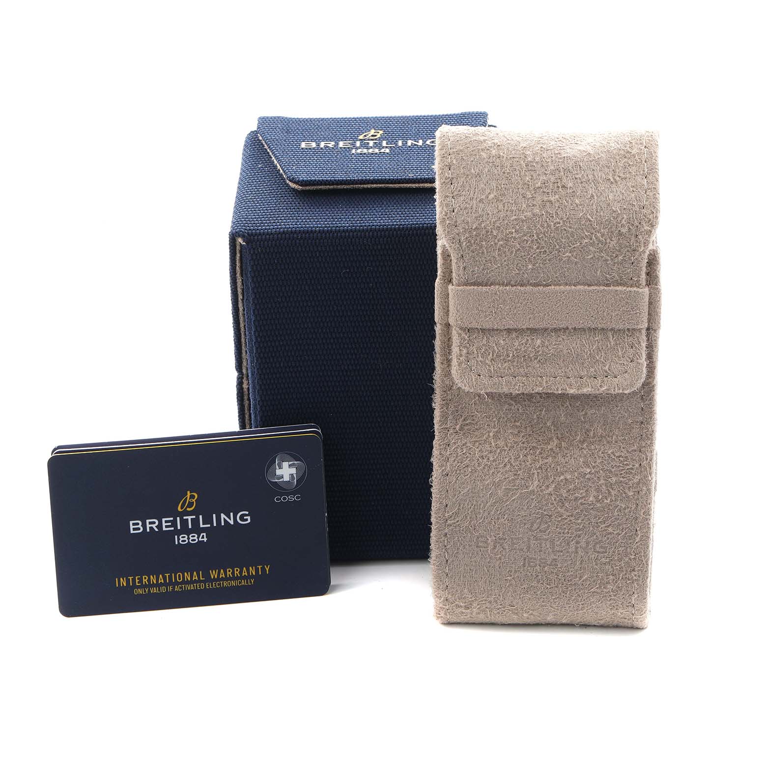 The image shows a Breitling Avenger A24315 Men
s Stainless Steel Blue Dial watch box, a beige case, and an international warranty card.