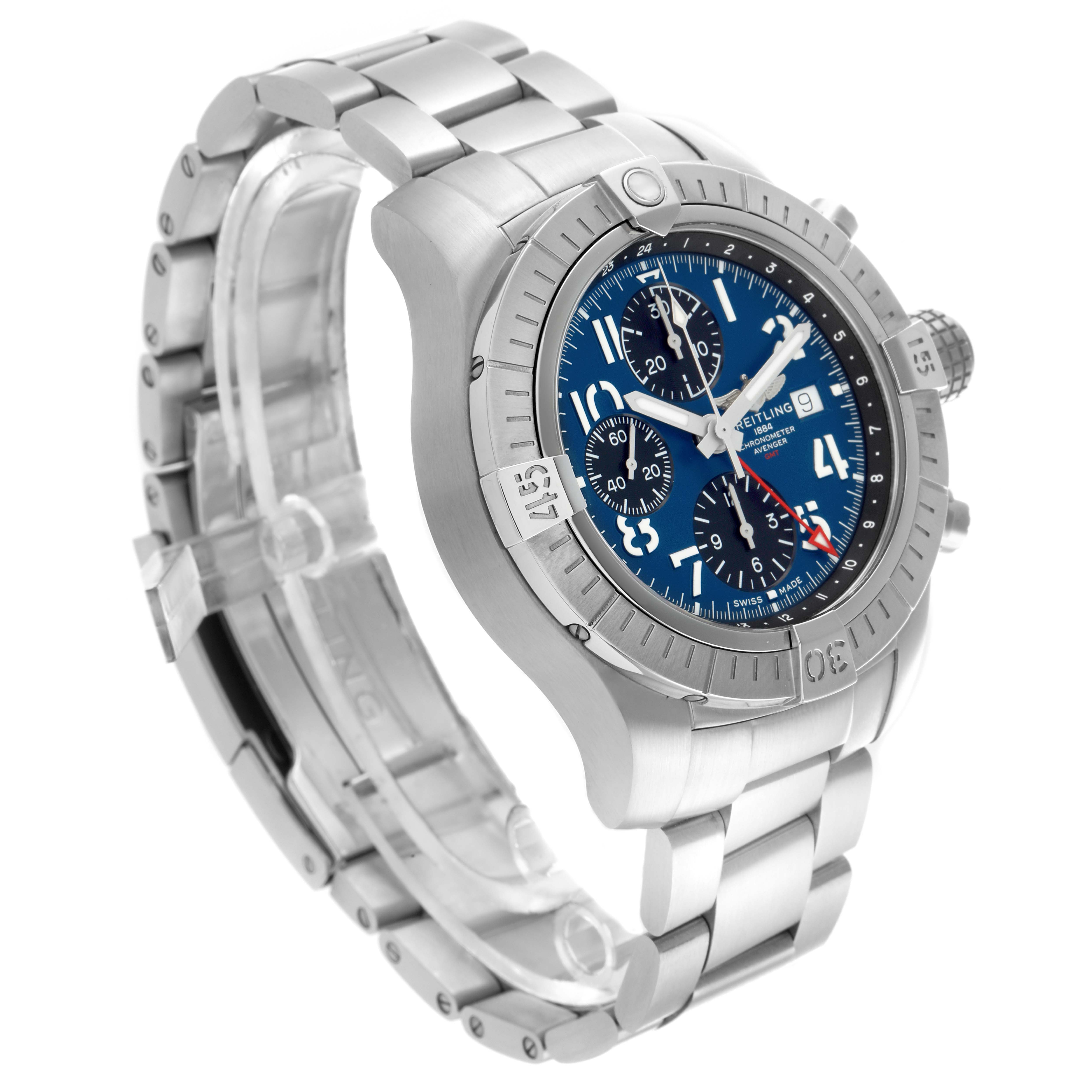 The image shows a Breitling Avenger A24315 Men
s Stainless Steel Blue Dial watch from a three-quarter side angle, displaying its bezel, dial, and metal bracelet.