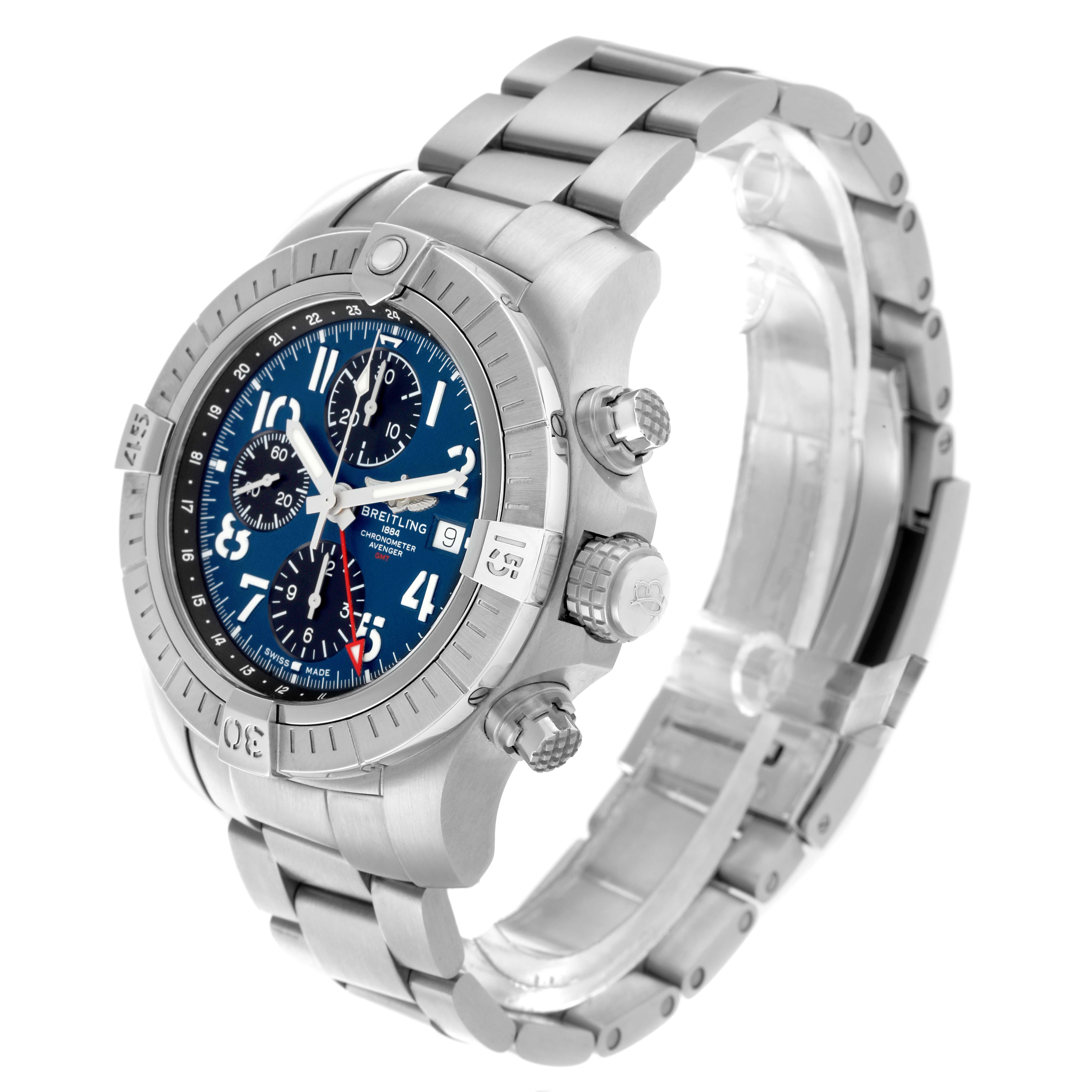 The Breitling Avenger A24315 Men
s Stainless Steel Blue Dial watch is shown at a three-quarter angle, displaying the face, bezel, crown, and part of the bracelet.