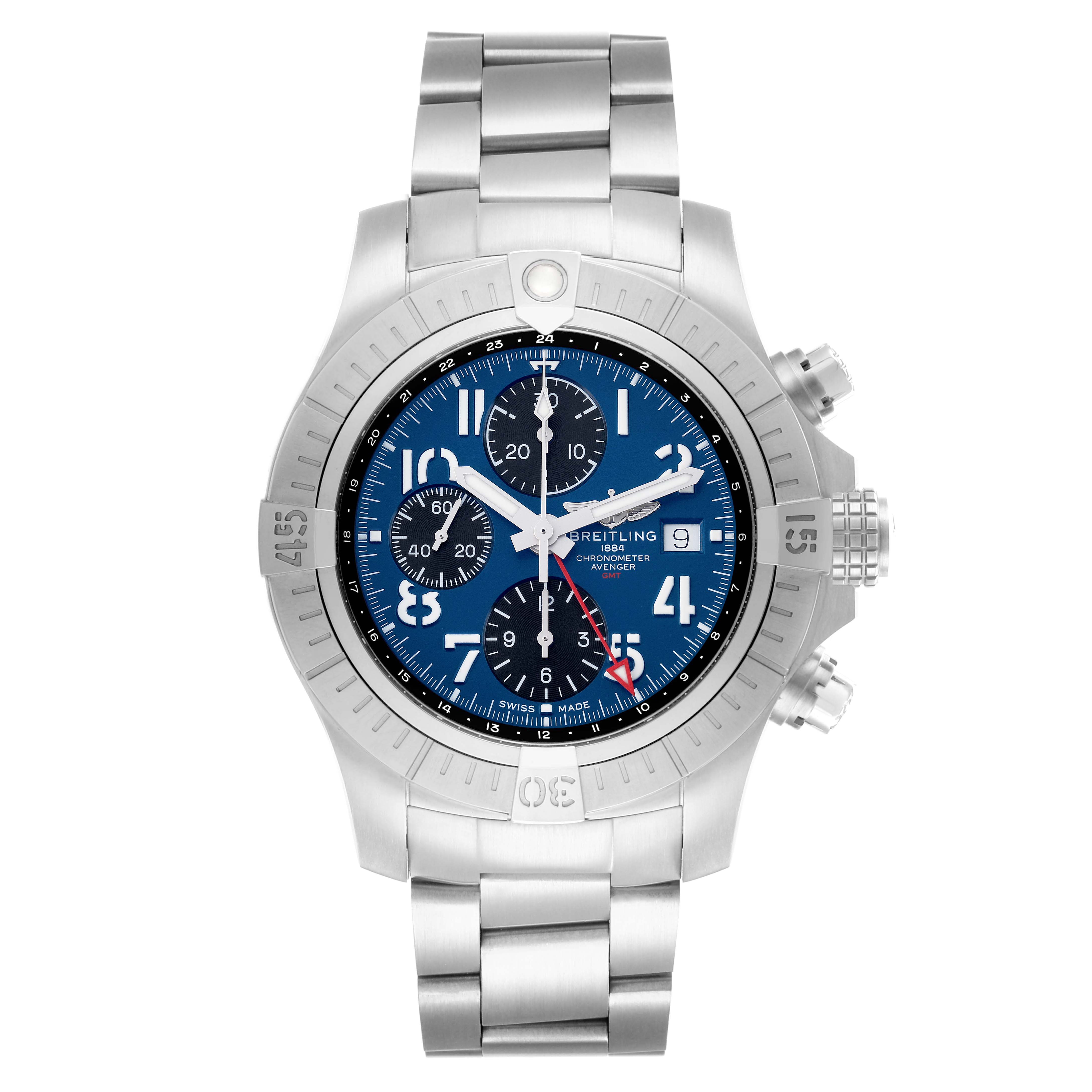 The Breitling Avenger A24315 Men
s Stainless Steel Blue Dial watch is shown from a top-down angle, displaying its bezel, dial, sub-dials, and metal bracelet.