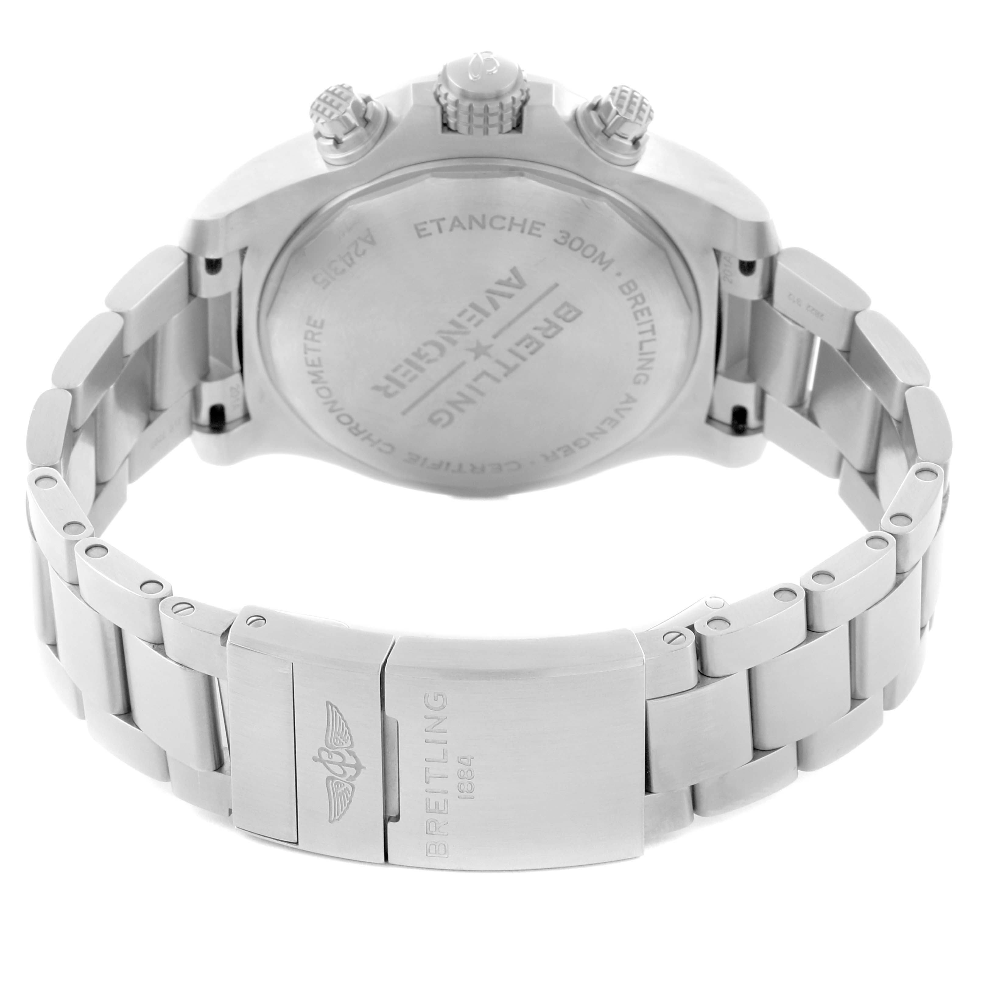 The image shows the back case and bracelet of the Breitling Avenger A24315 Men
s Stainless Steel Blue Dial watch, from an angled rear perspective.