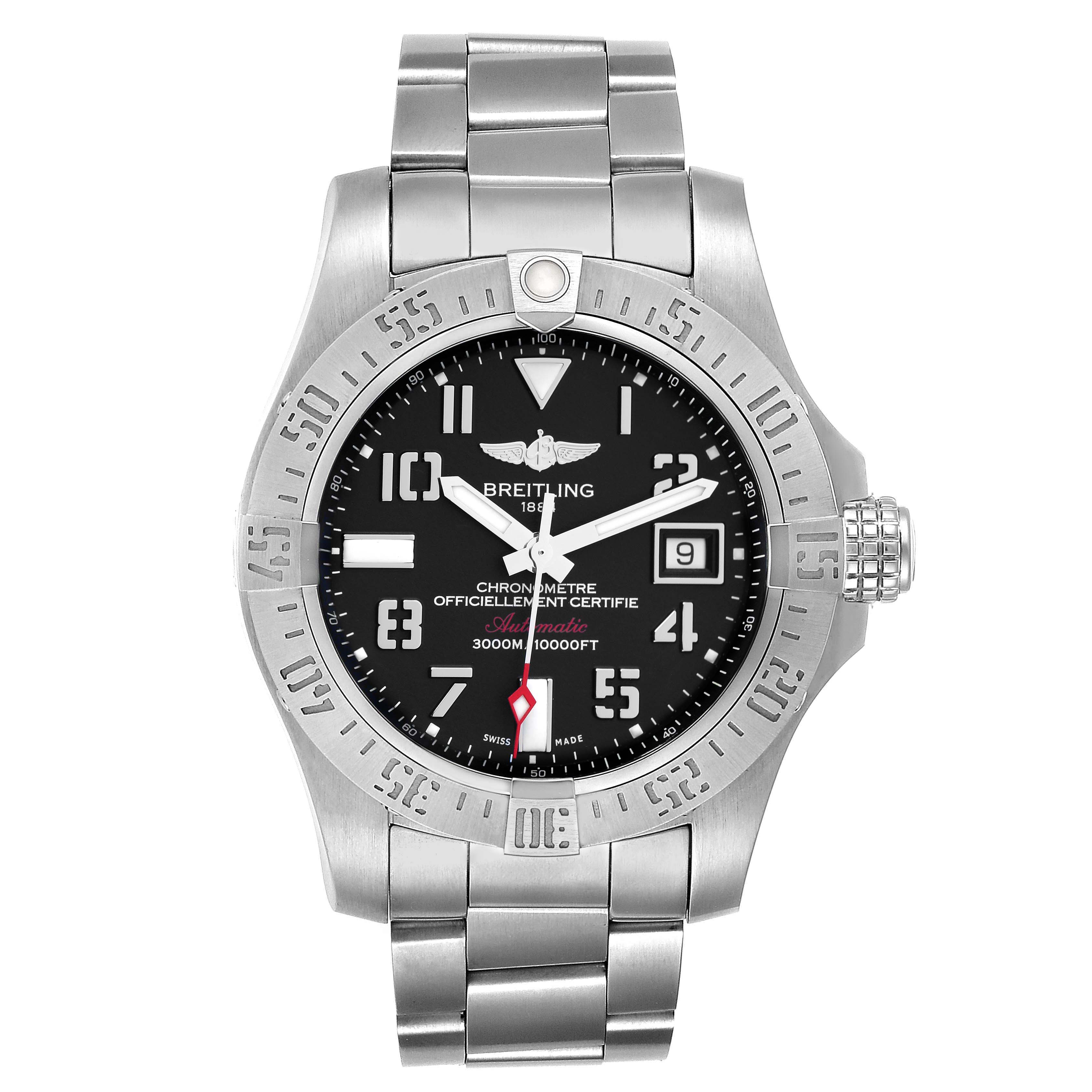 The Breitling Avenger A17331 Men
s Stainless Steel Black Dial watch is shown from a front angle, highlighting the dial, bezel, crown, and bracelet.