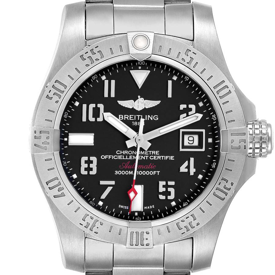 The image shows a frontal view of the Breitling Avenger A17331 Men's Stainless Steel Black Dial watch, highlighting its face, bezel, and strap.