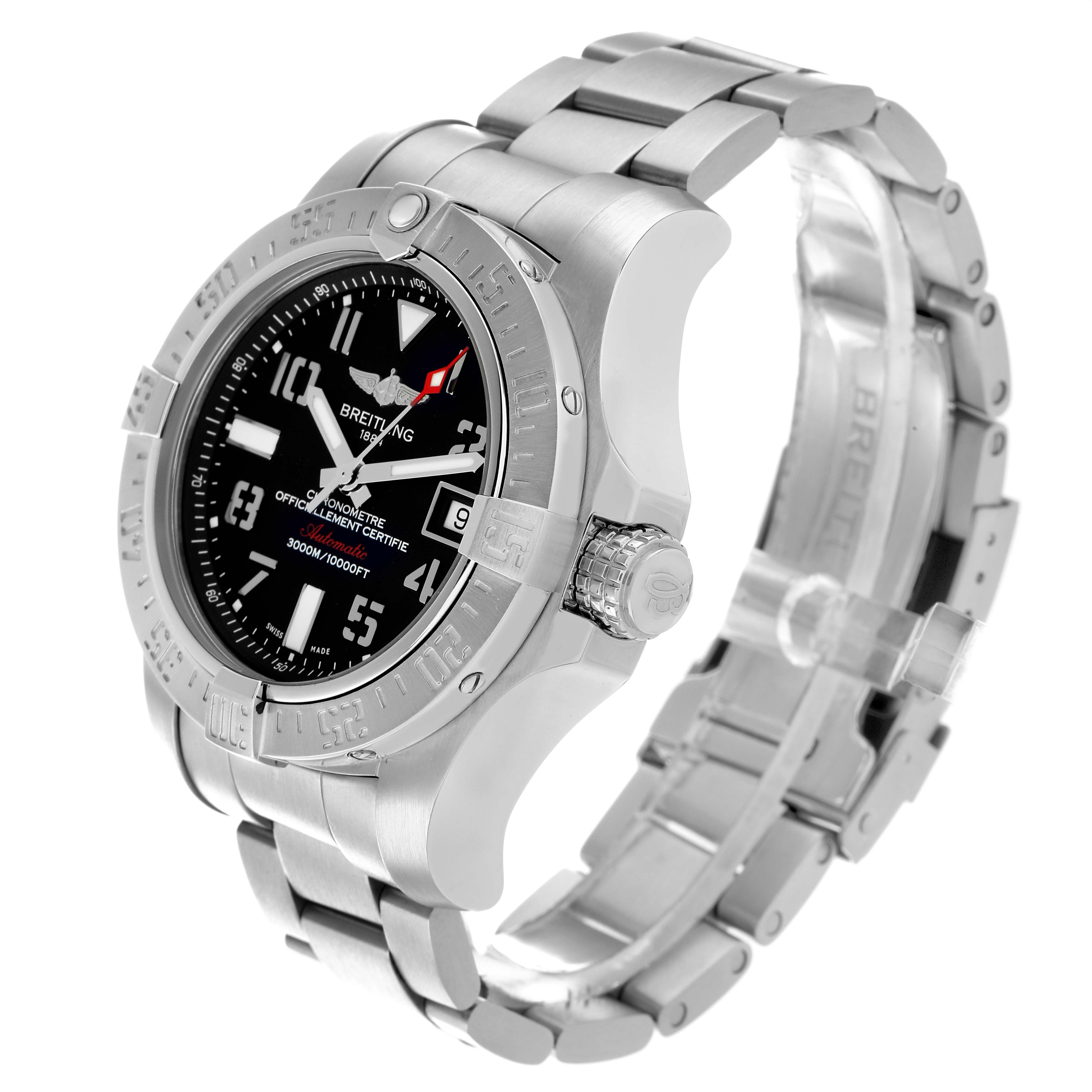 The Breitling Avenger A17331 Men
s Stainless Steel Black Dial watch is shown at a slight angle, displaying the face, bezel, crown, and metal bracelet.