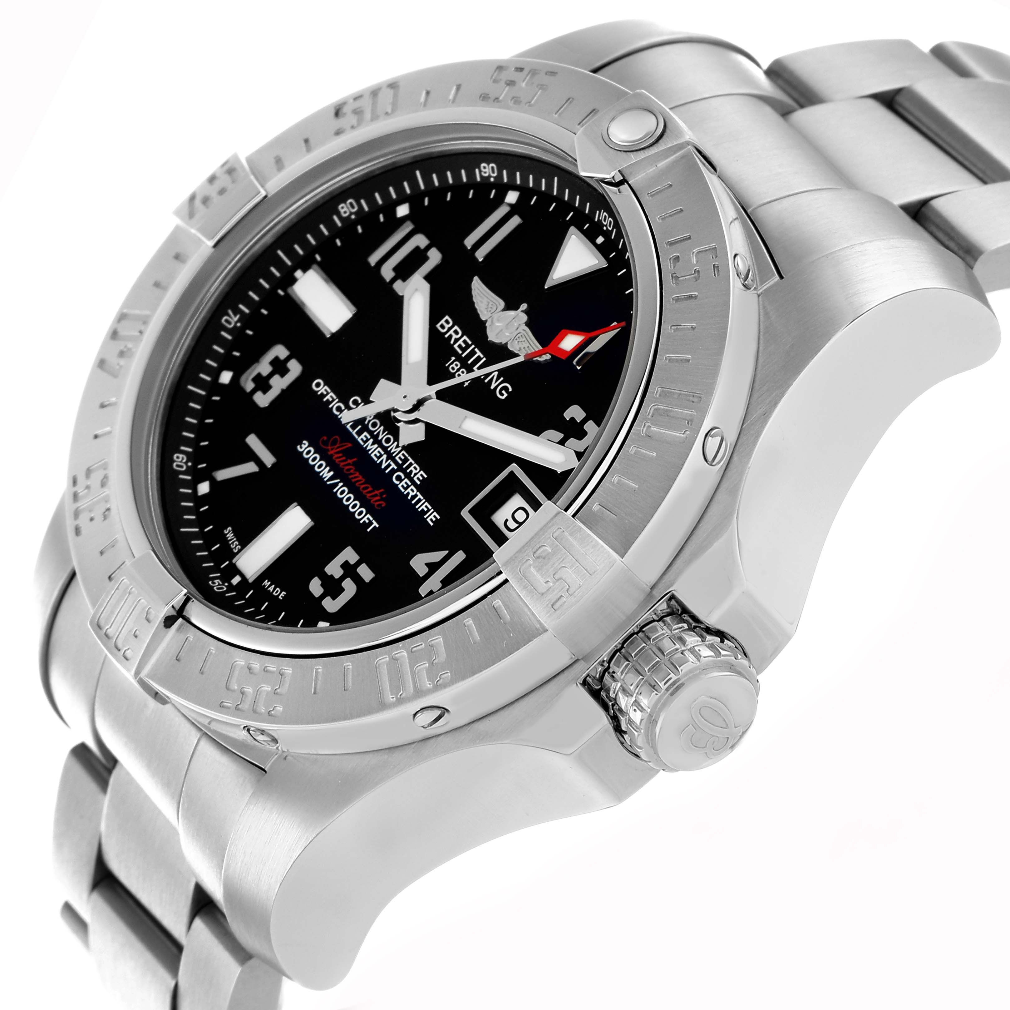 The Breitling Avenger A17331 Men
s Stainless Steel Black Dial watch is shown at a side angle, highlighting its bezel, crown, and part of the bracelet.