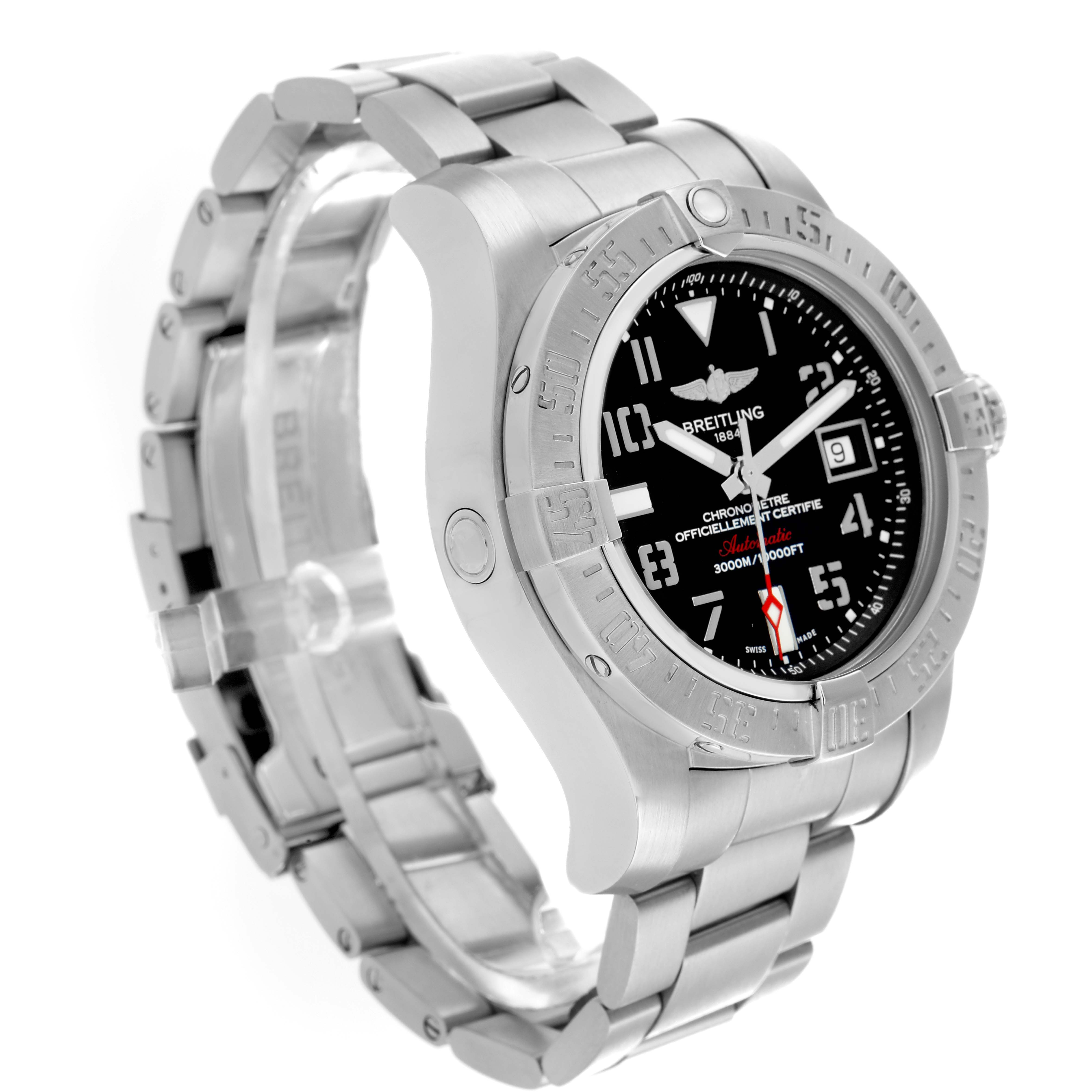 The Breitling Avenger A17331 Men
s Stainless Steel Black Dial watch is shown from a side angle, highlighting the bezel, dial, crown, and metal bracelet.