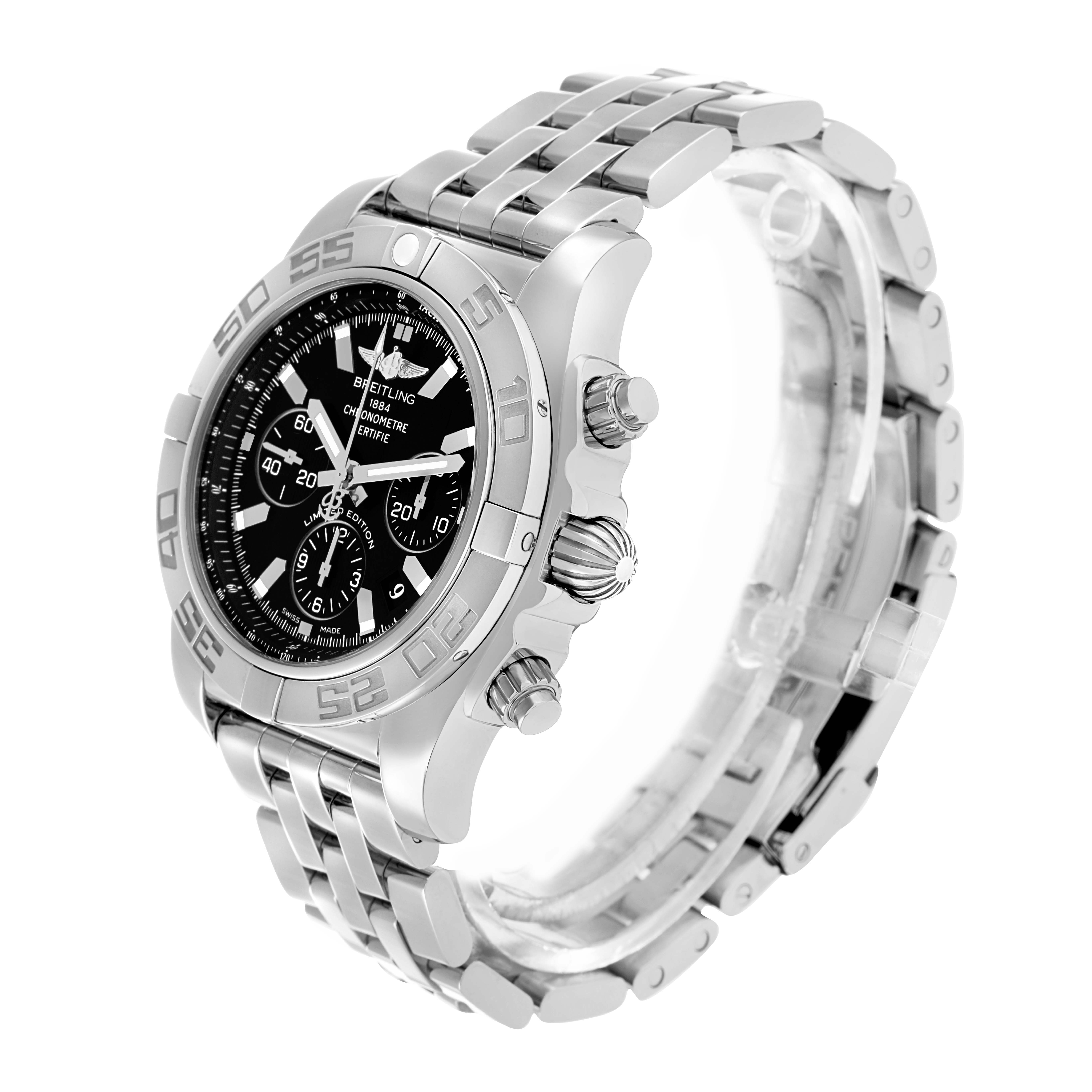 The Breitling Chronomat AB0111 Men
s Stainless Steel Black Dial watch is shown at a slight angle, displaying the bezel, dial, crown, pushers, and bracelet.