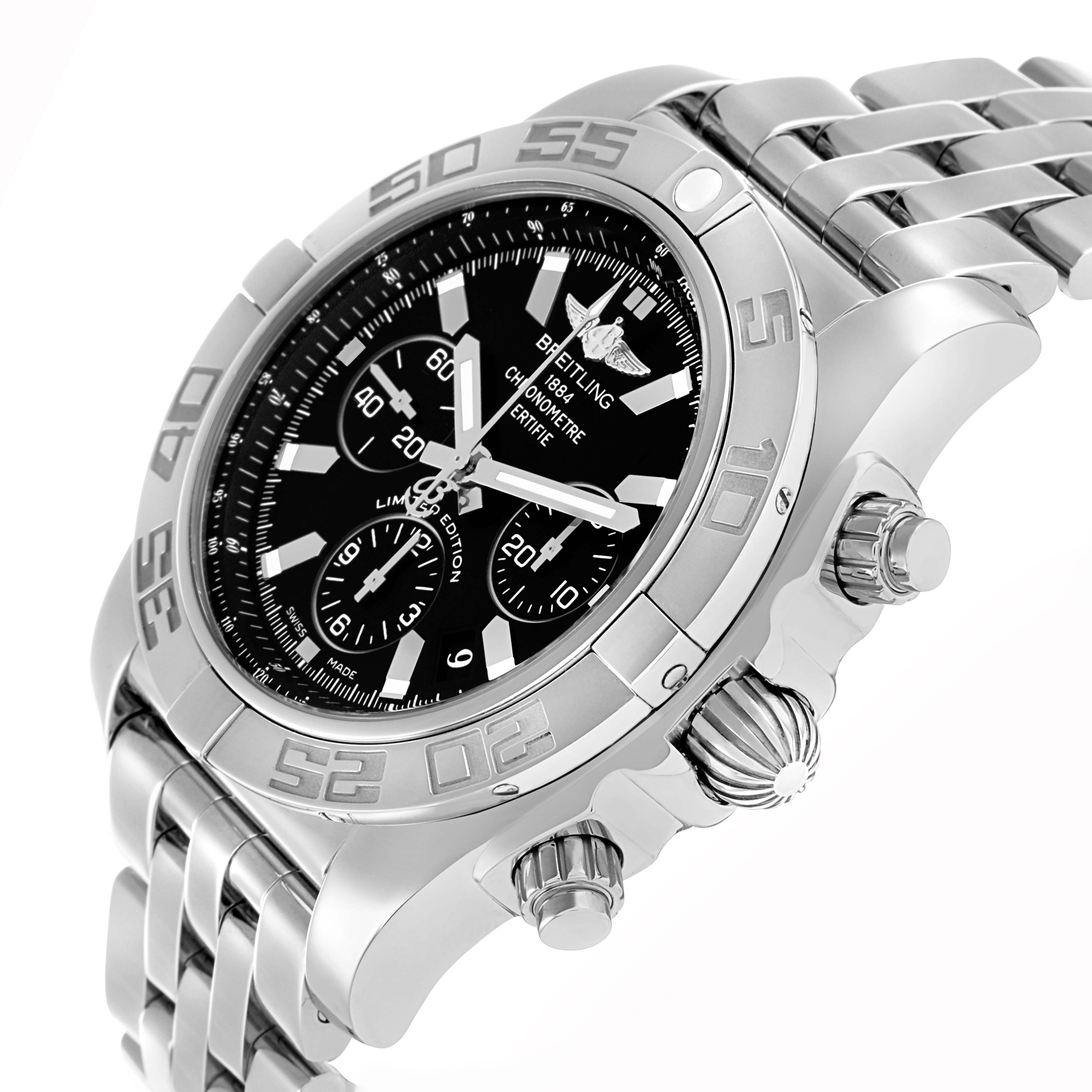 The Breitling Chronomat AB0111 Men
s Stainless Steel Black Dial watch is shown at an angled close-up, displaying its face, bezel, crown, and chronograph pushers.