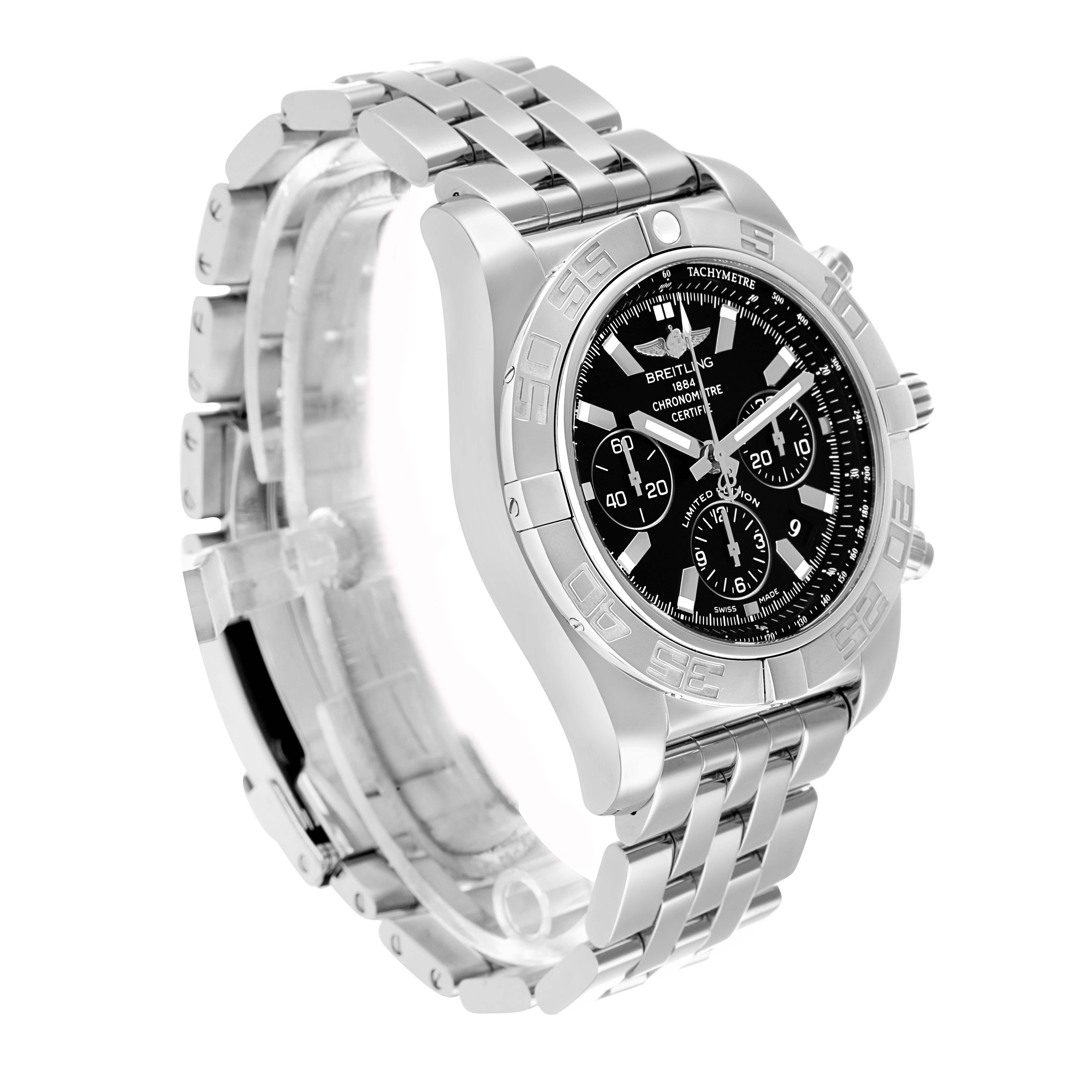 The Breitling Chronomat AB0111 Men
s Stainless Steel Black Dial watch is shown at a three-quarter angle, highlighting the face, bezel, and bracelet.