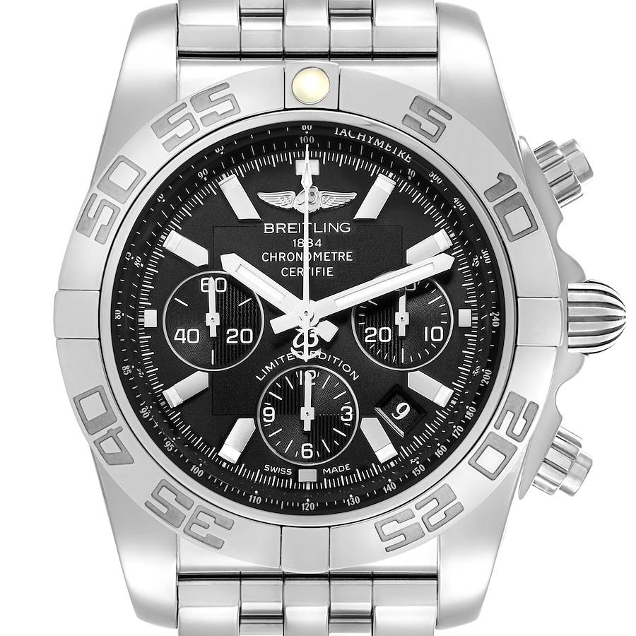 The Breitling Chronomat AB0111 Men's Stainless Steel Black Dial watch is shown from a front angle, displaying the bezel, dial, subdials, and bracelet.