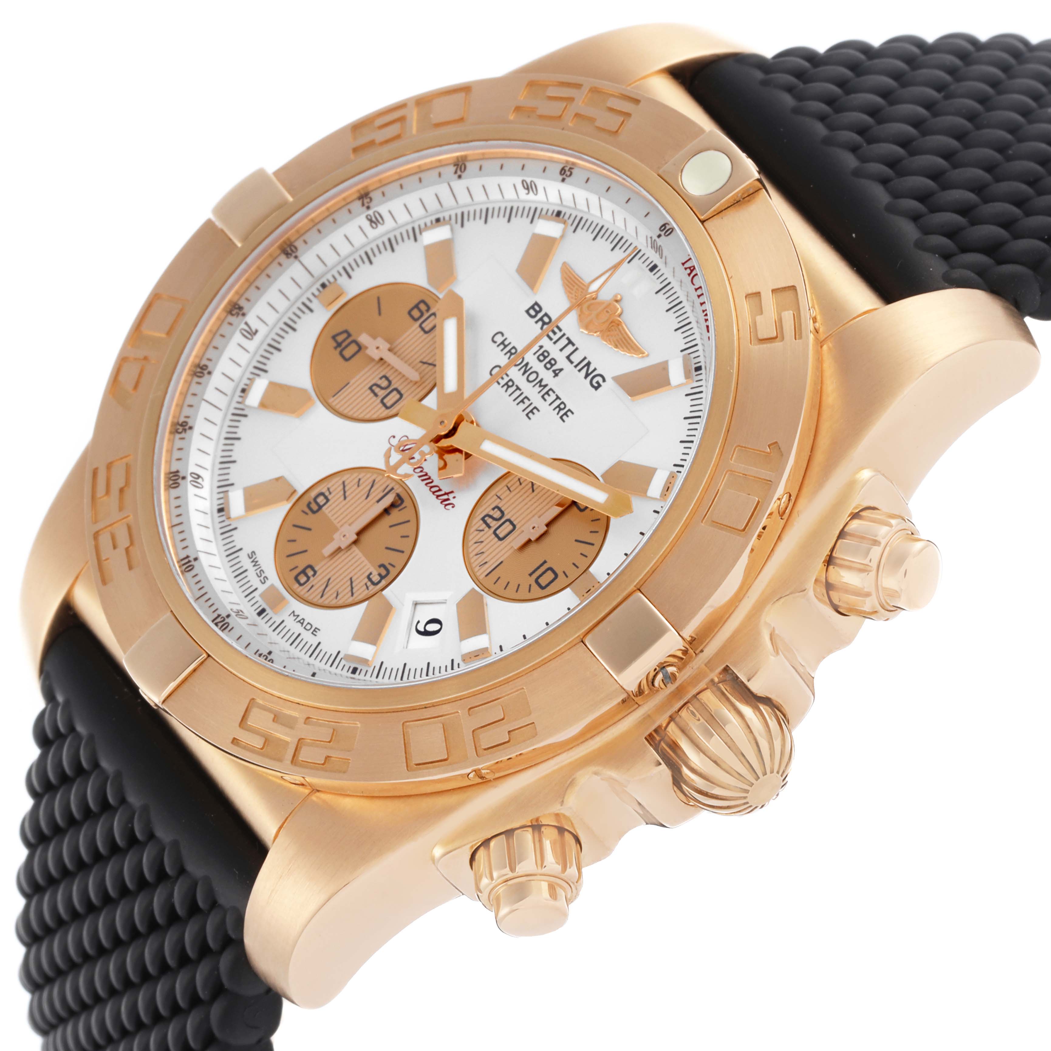 The Breitling Chronomat HB0110 Men's Rose Gold Silver Dial watch is shown from a three-quarter angle, highlighting the dial, bezel, crown, and pushers.