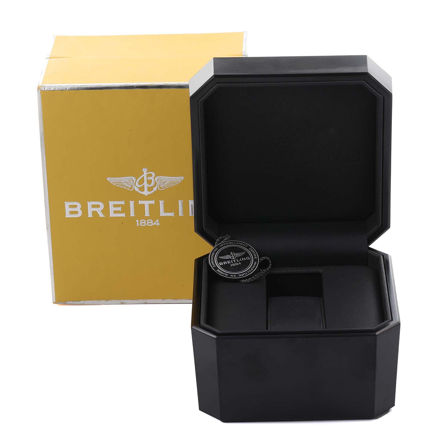 The image shows a Breitling Chronomat HB0110 Men's Rose Gold Silver Dial outer box and an open inner case, viewed from the front.