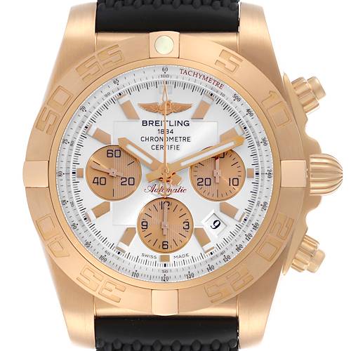 The Breitling Chronomat HB0110 Men's Rose Gold Silver Dial watch is shown from the front, highlighting its rose gold bezel, subdials, and contrasting black strap.