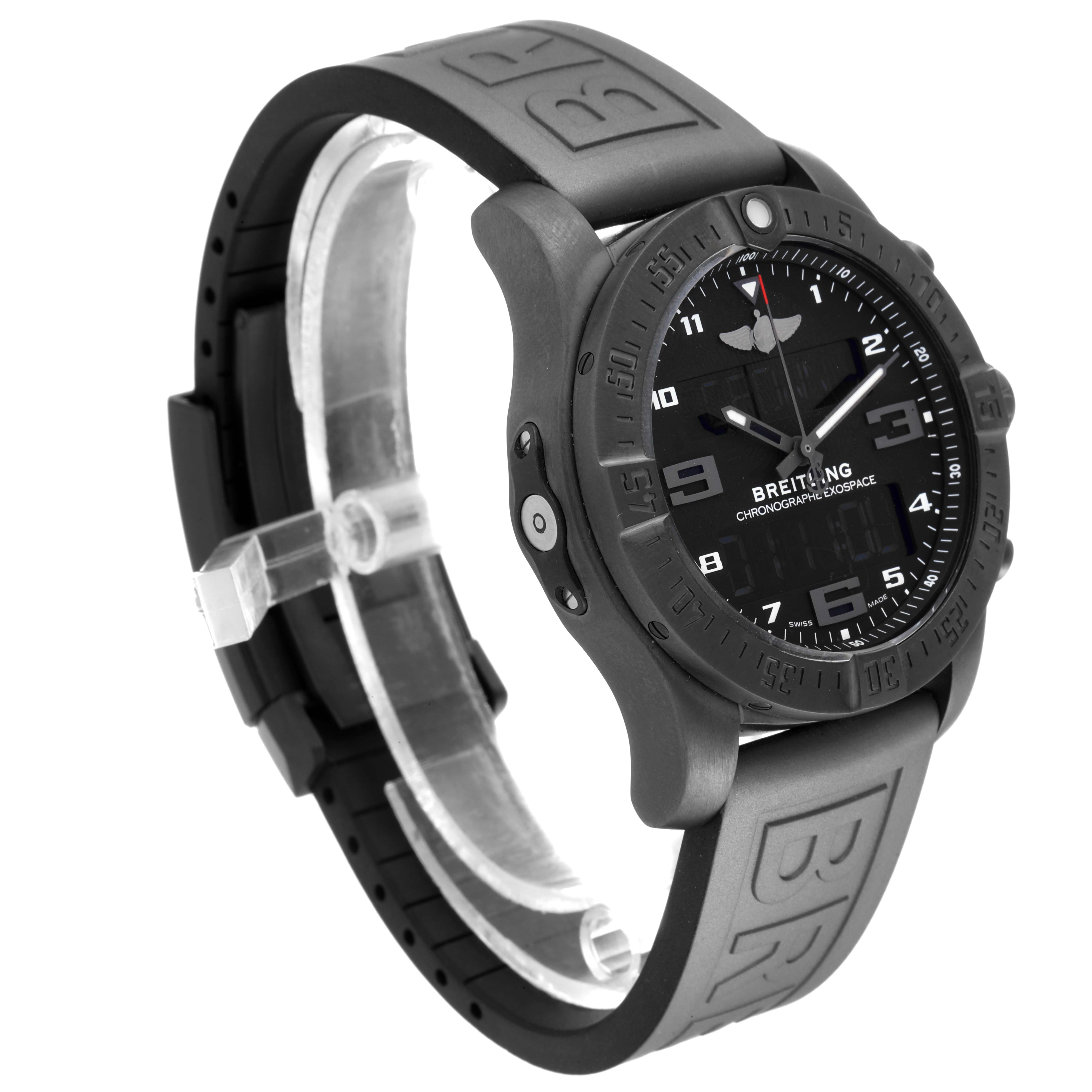 The Breitling Professional Series VB5510 Men's Titanium Black Dial VB5510 Men's Titanium Black Dial watch is shown at an angled side view, highlighting the face, bezel, strap, and side buttons.