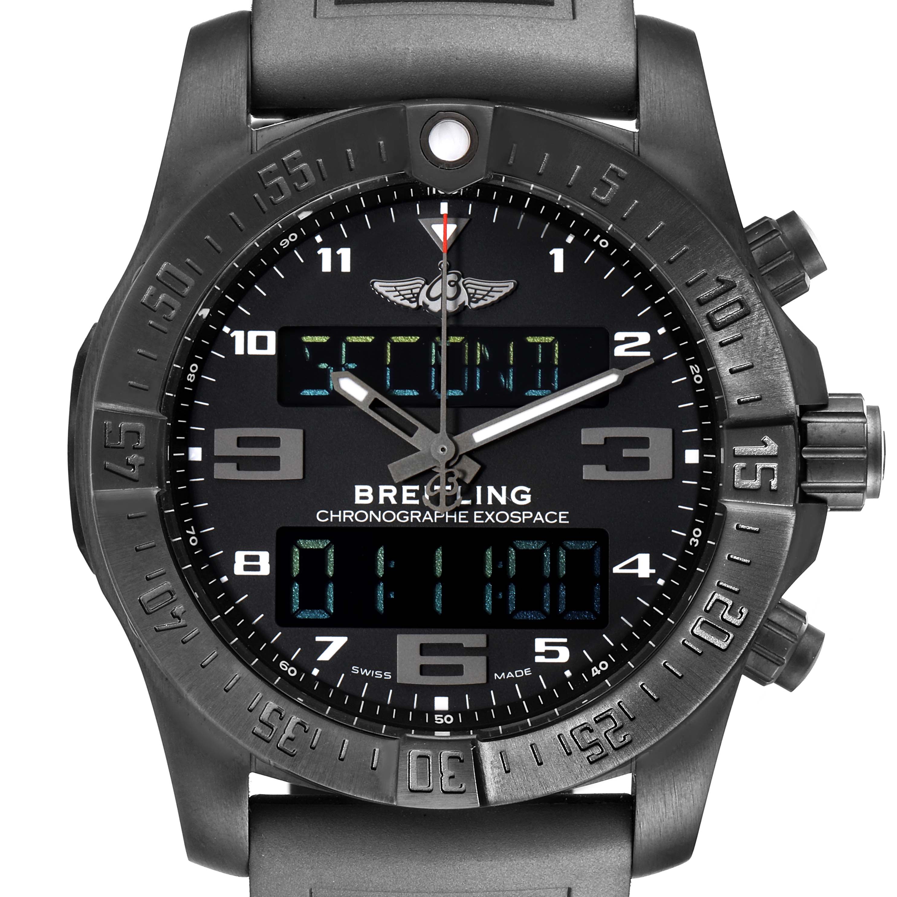 The image shows a front view of the Breitling Professional Series VB5510 Men's Titanium Black Dial VB5510 Men's Titanium Black Dial Chronographe Exospace watch, highlighting its face and bezel detail.