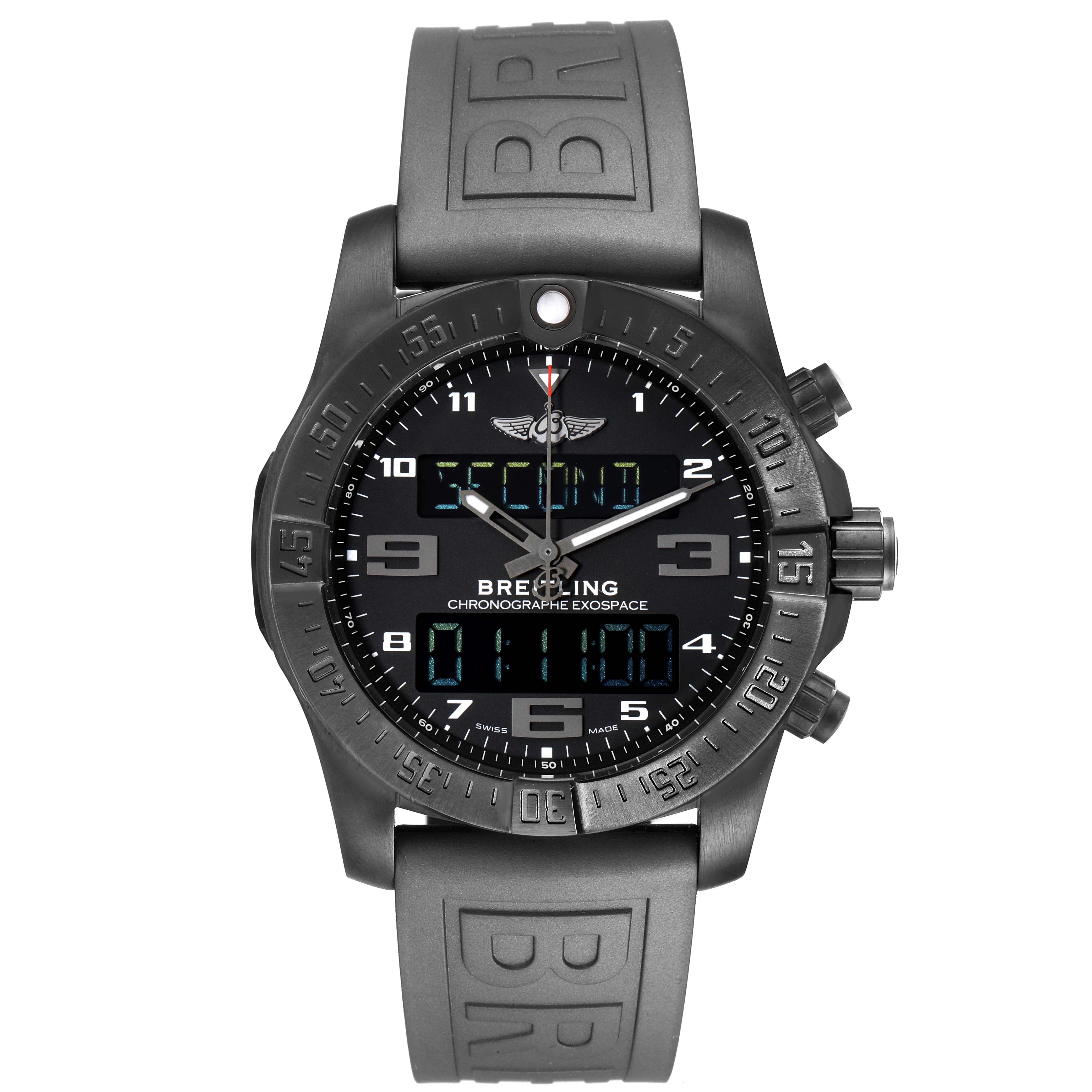 The Breitling Professional Series VB5510 Men's Titanium Black Dial VB5510 Men's Titanium Black Dial watch is shown from a front angle, highlighting its black dial, bezel, and rubber strap.