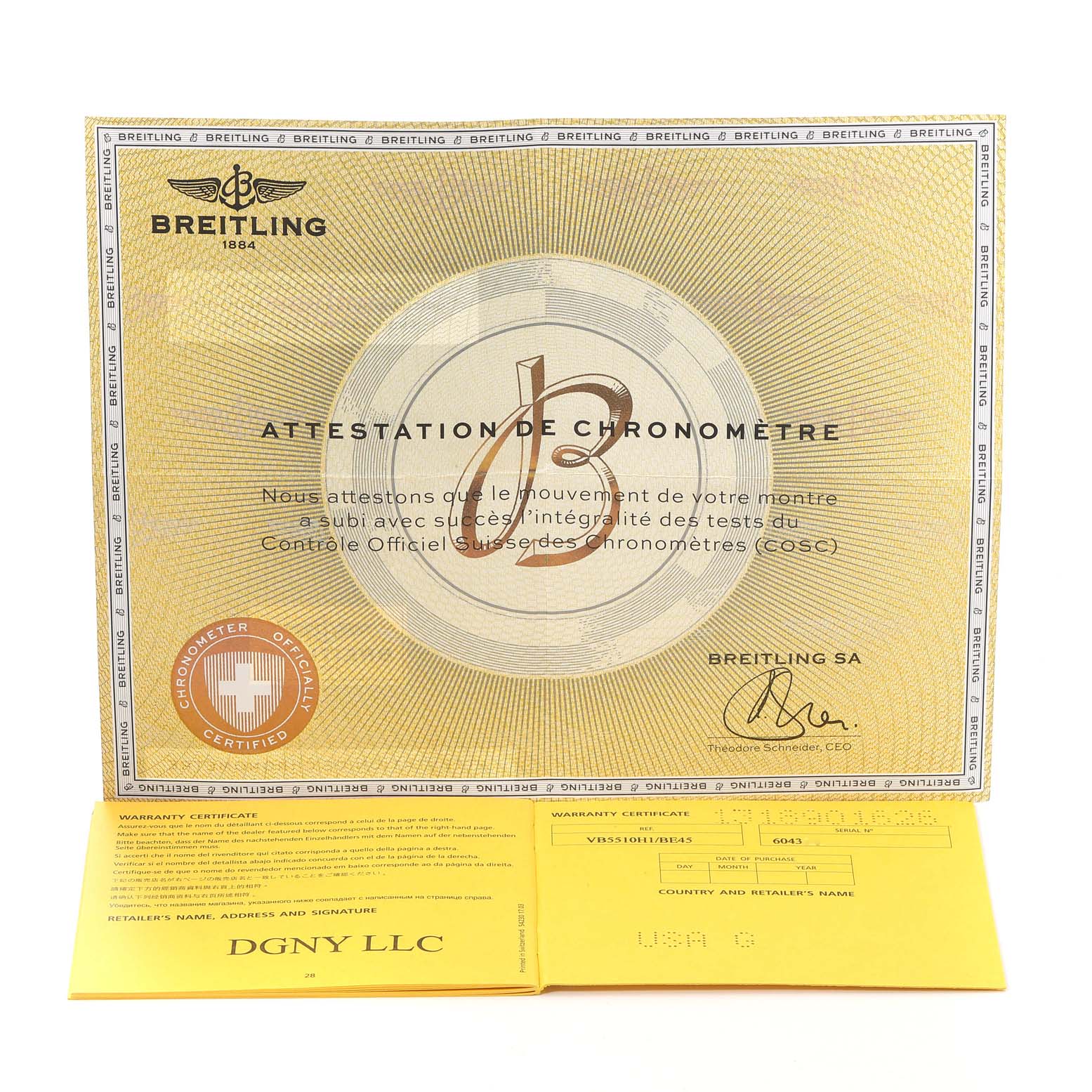 This image shows the certification and warranty documents for the Breitling Professional Series VB5510 Men's Titanium Black Dial VB5510 Men's Titanium Black Dial watch.