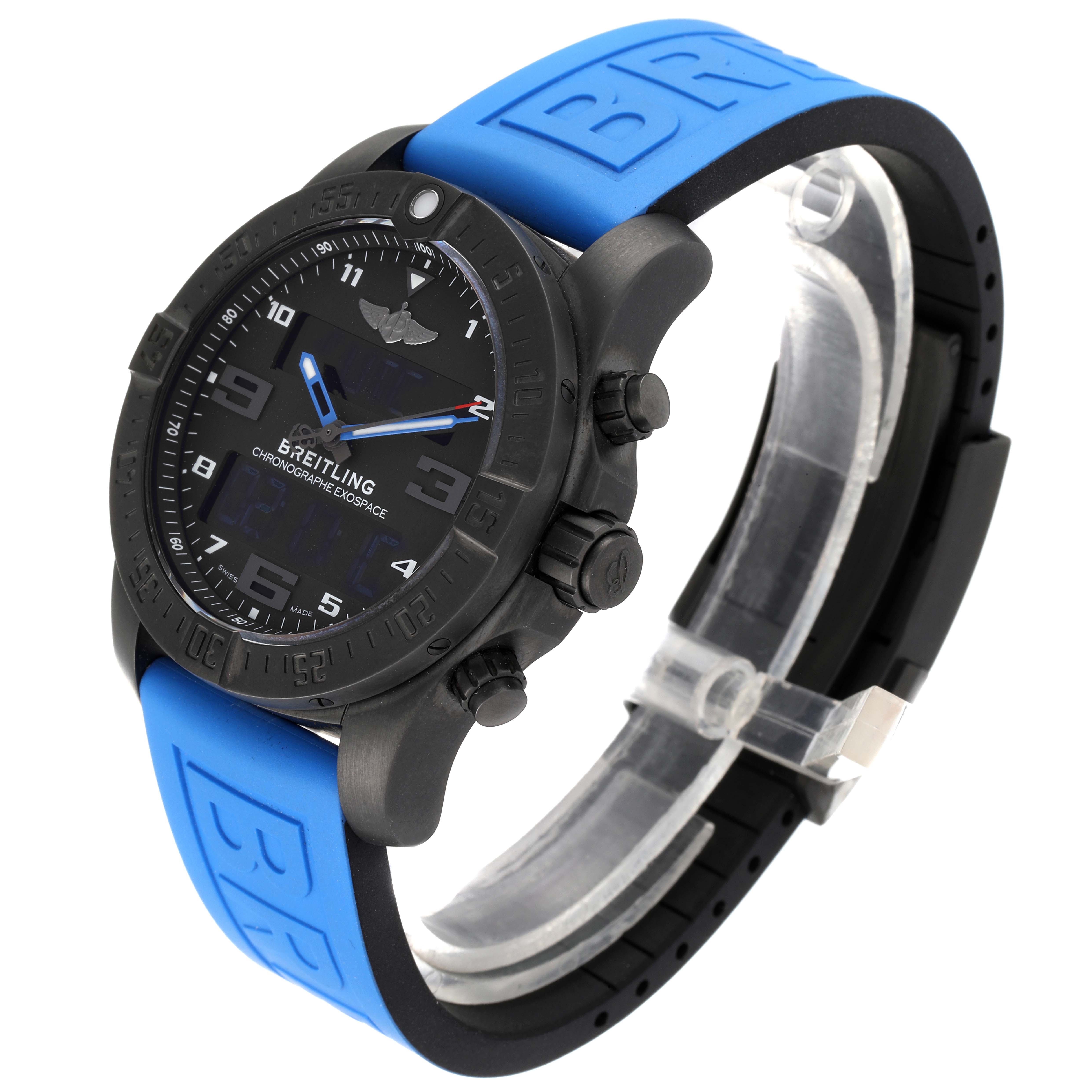 The Breitling Professional Series VB5510 Men's Titanium Black Dial VB5510 Men's Titanium Black Dial watch is shown at an angled side view, featuring the black dial, blue band, and chronograph buttons.