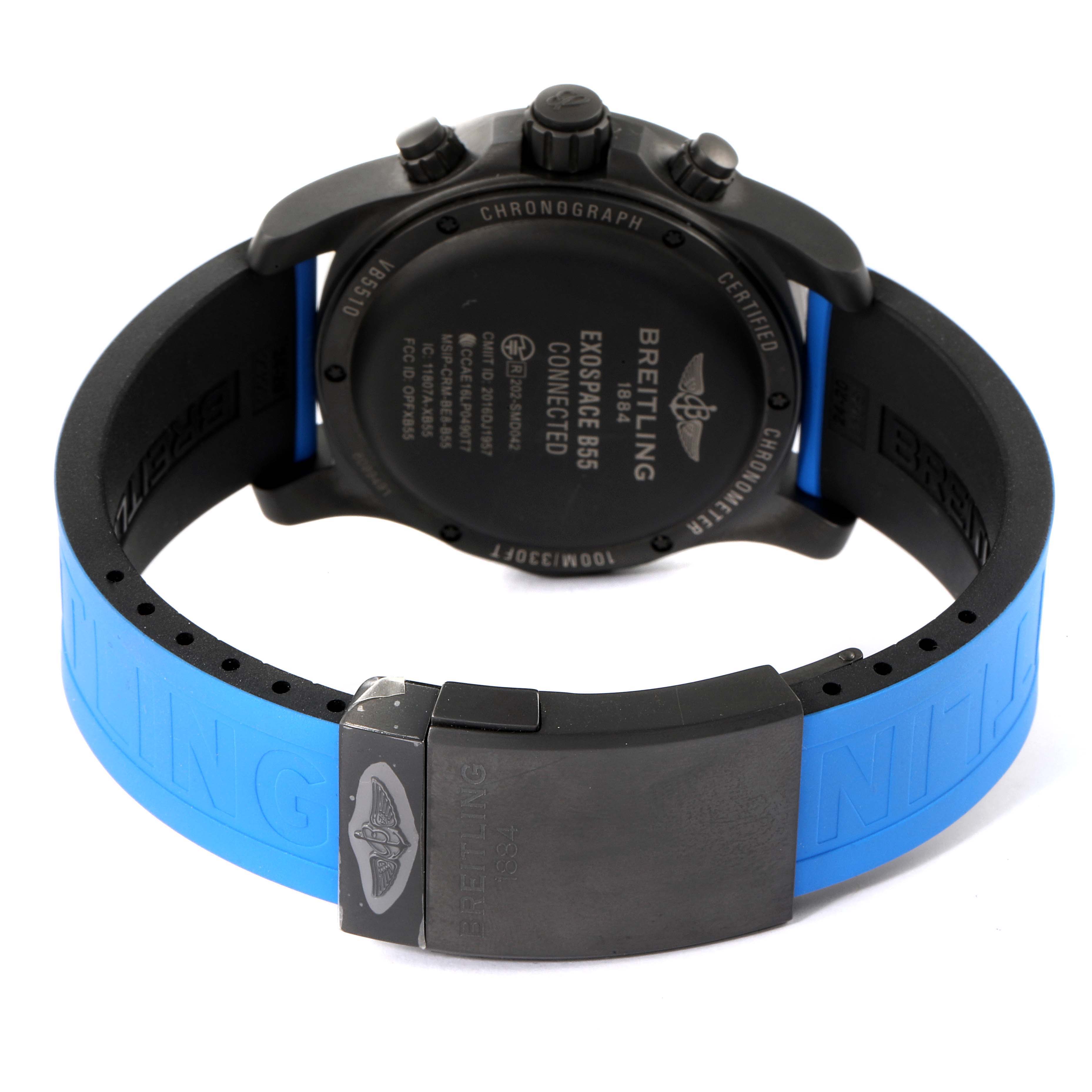 The image shows the back of a Breitling Professional Series VB5510 Men's Titanium Black Dial VB5510 Men's Titanium Black Dial Exospace B55 watch, including the clasp and part of the strap.