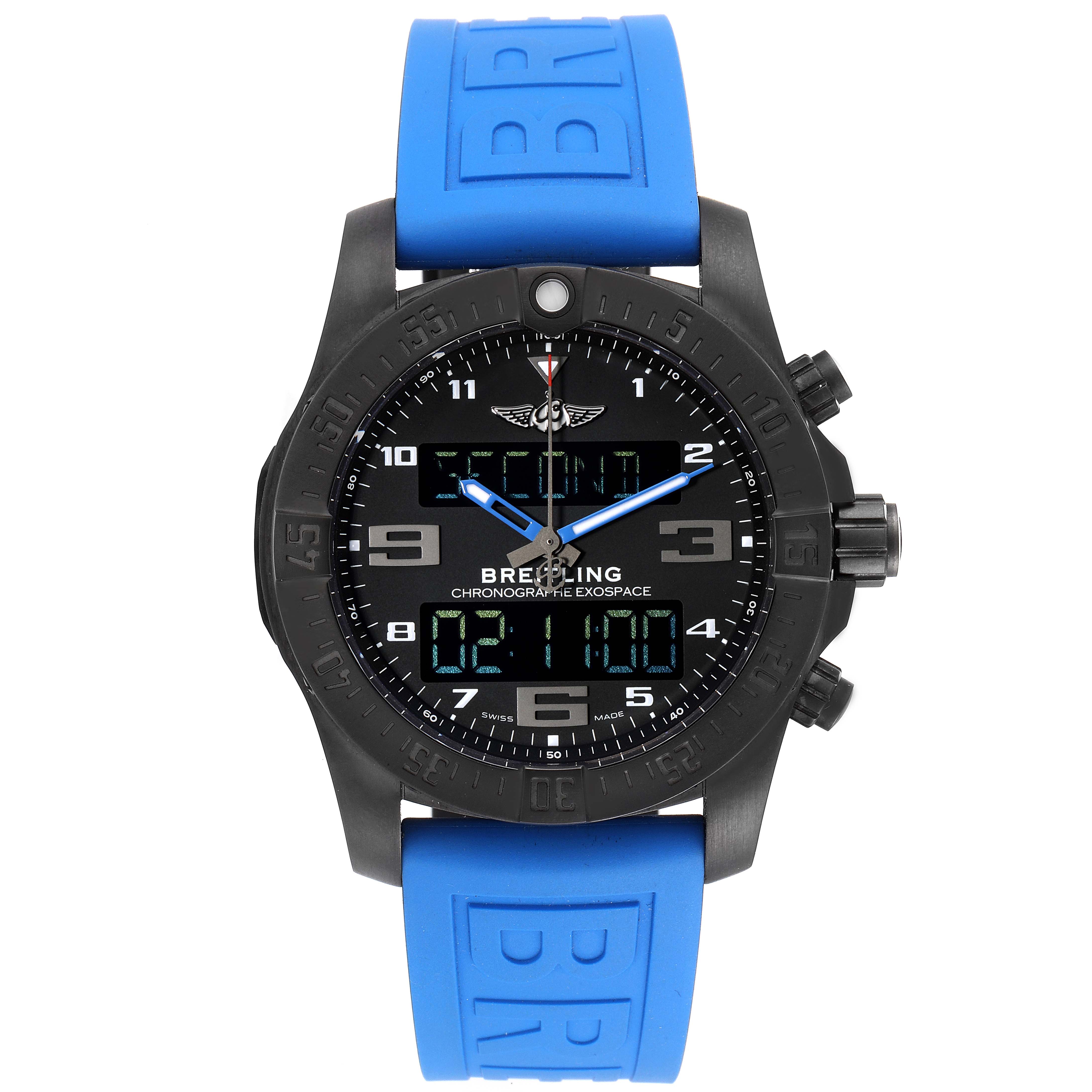 The image shows a front view of the Breitling Professional Series VB5510 Men's Titanium Black Dial VB5510 Men's Titanium Black Dial watch with a blue strap and black bezel, displaying both analog and digital times.