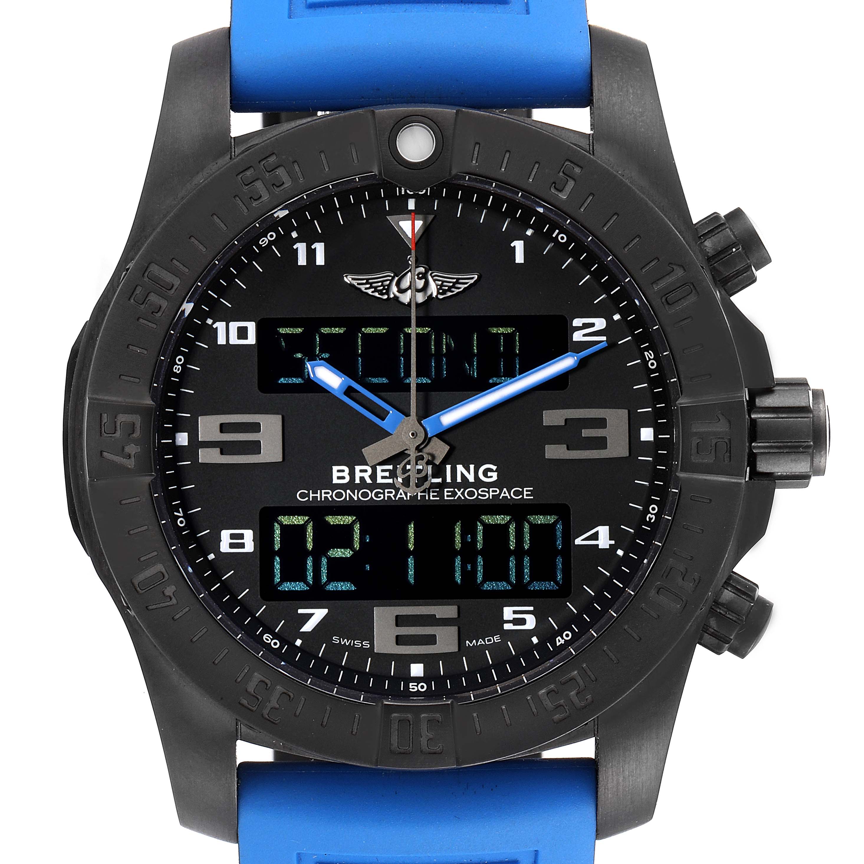 The image shows a front view of the Breitling Professional Series VB5510 Men's Titanium Black Dial VB5510 Men's Titanium Black Dial Chronograph Exospace watch, featuring its dial, digital display, and blue strap.