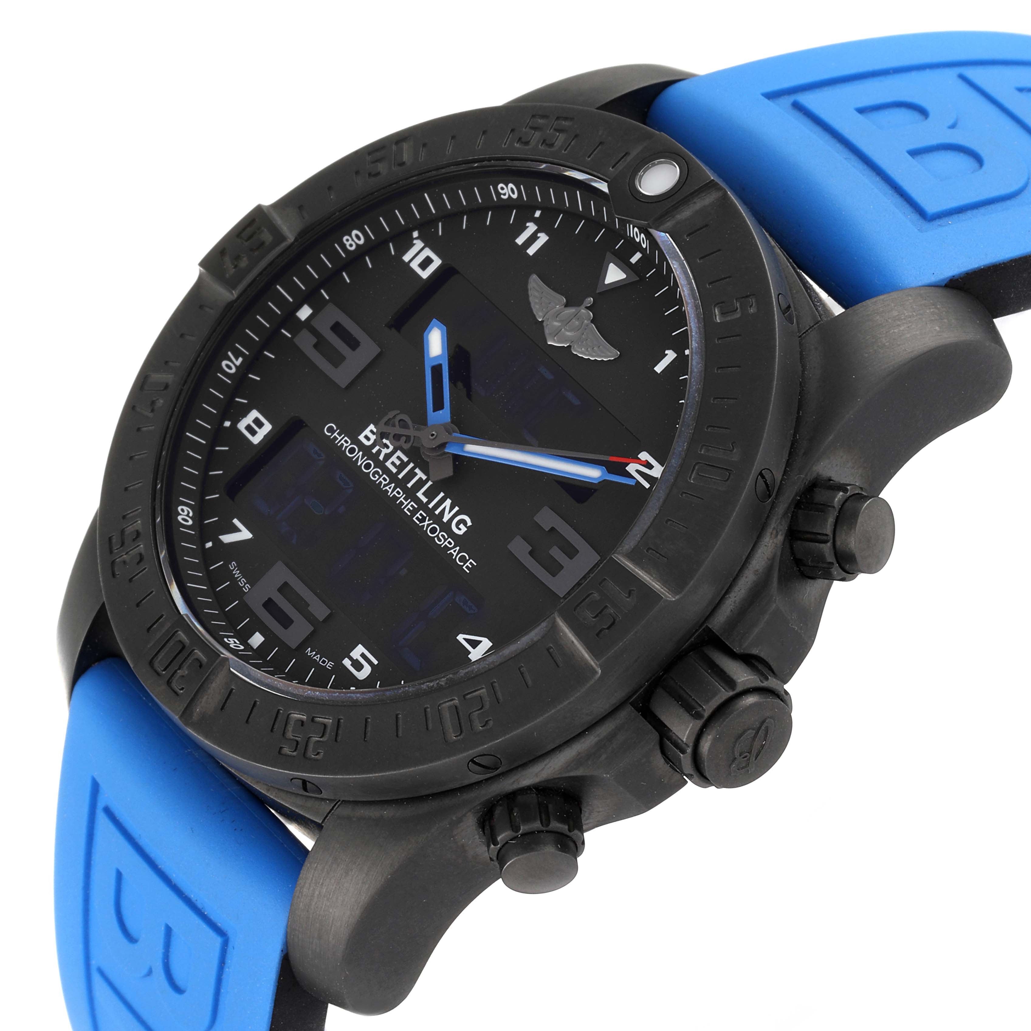 This Breitling Professional Series VB5510 Men's Titanium Black Dial VB5510 Men's Titanium Black Dial watch is shown at a three-quarter angle, displaying the dial, bezel, and part of the blue strap.