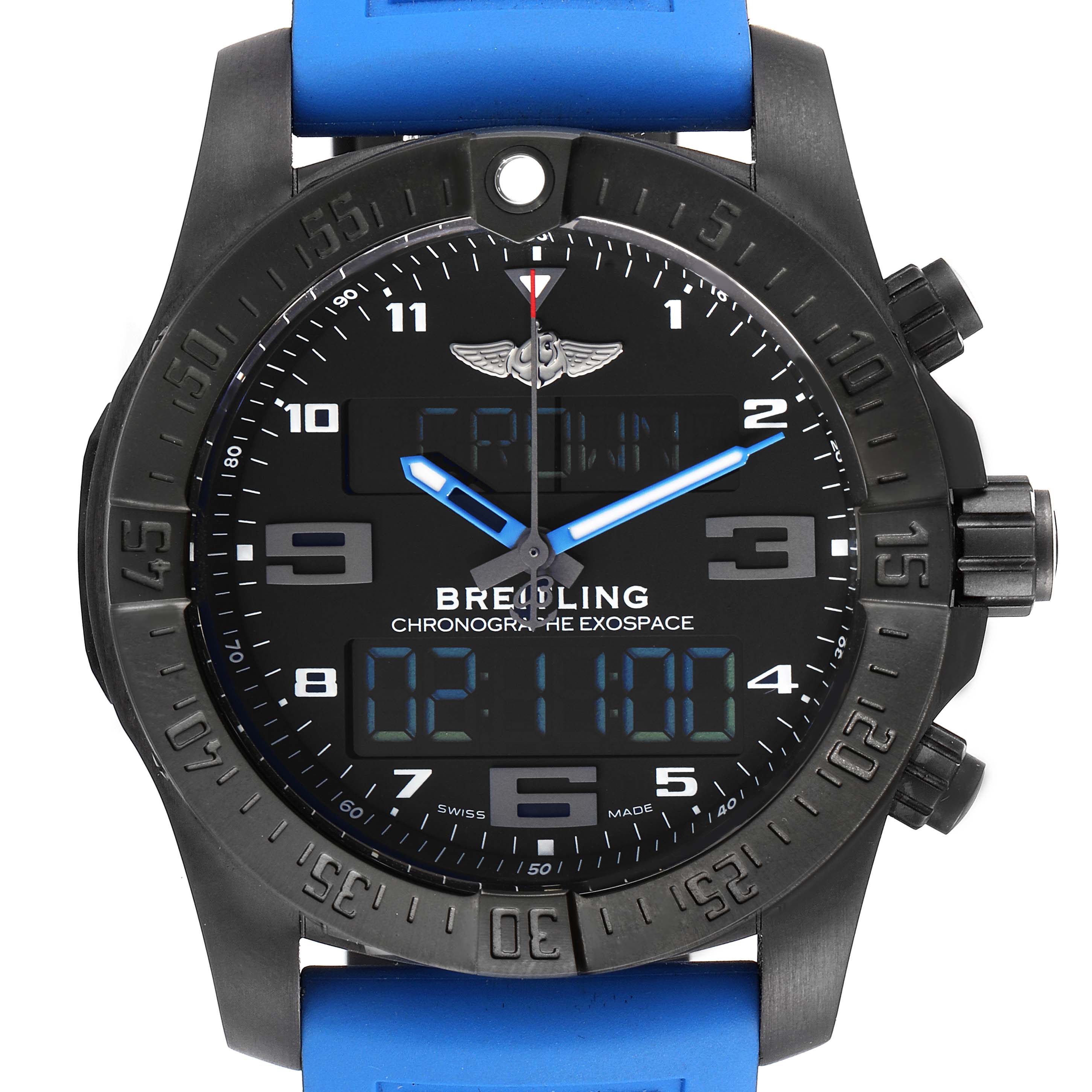 This image shows a front view of the Breitling Professional Series VB5510 Men's Titanium Black Dial VB5510 Men's Titanium Black Dial Chronographe Exospace watch, featuring a blue strap and digital display.