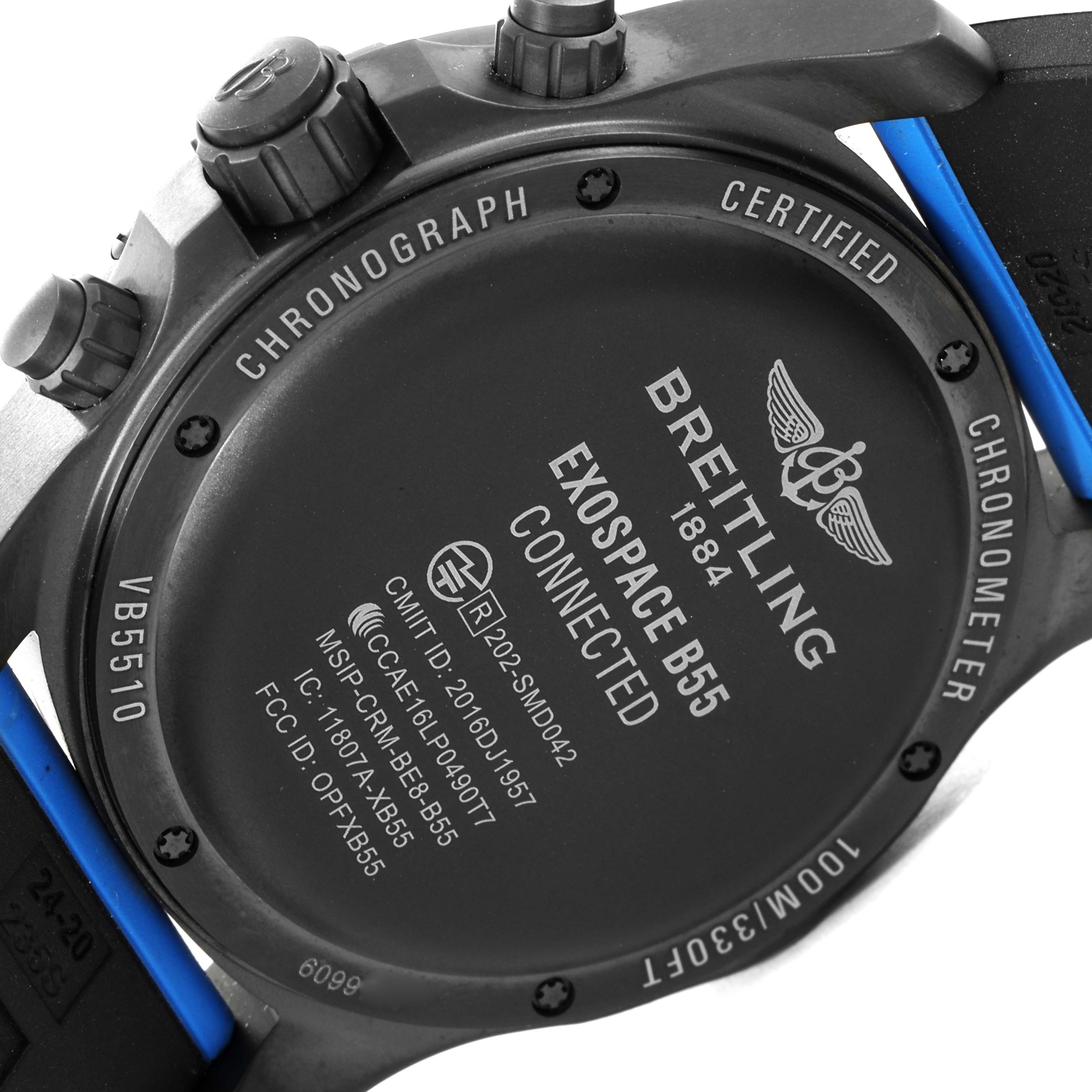 This image shows the back case and part of the side buttons of the Breitling Professional Series VB5510 Men's Titanium Black Dial VB5510 Men's Titanium Black Dial Exospace B55 watch.