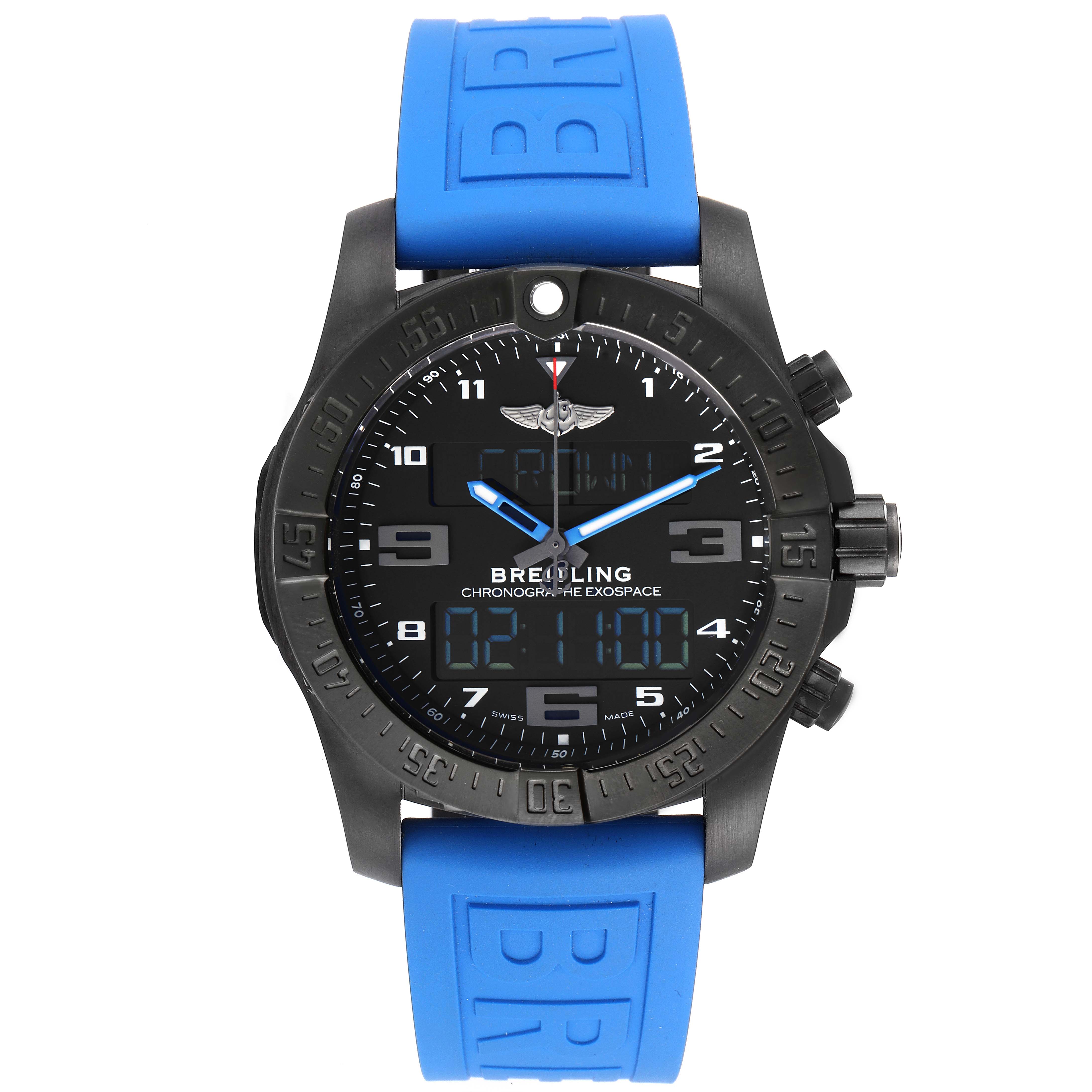 The image shows a front view of the Breitling Professional Series VB5510 Men's Titanium Black Dial VB5510 Men's Titanium Black Dial watch with a blue rubber strap and digital-analog display.