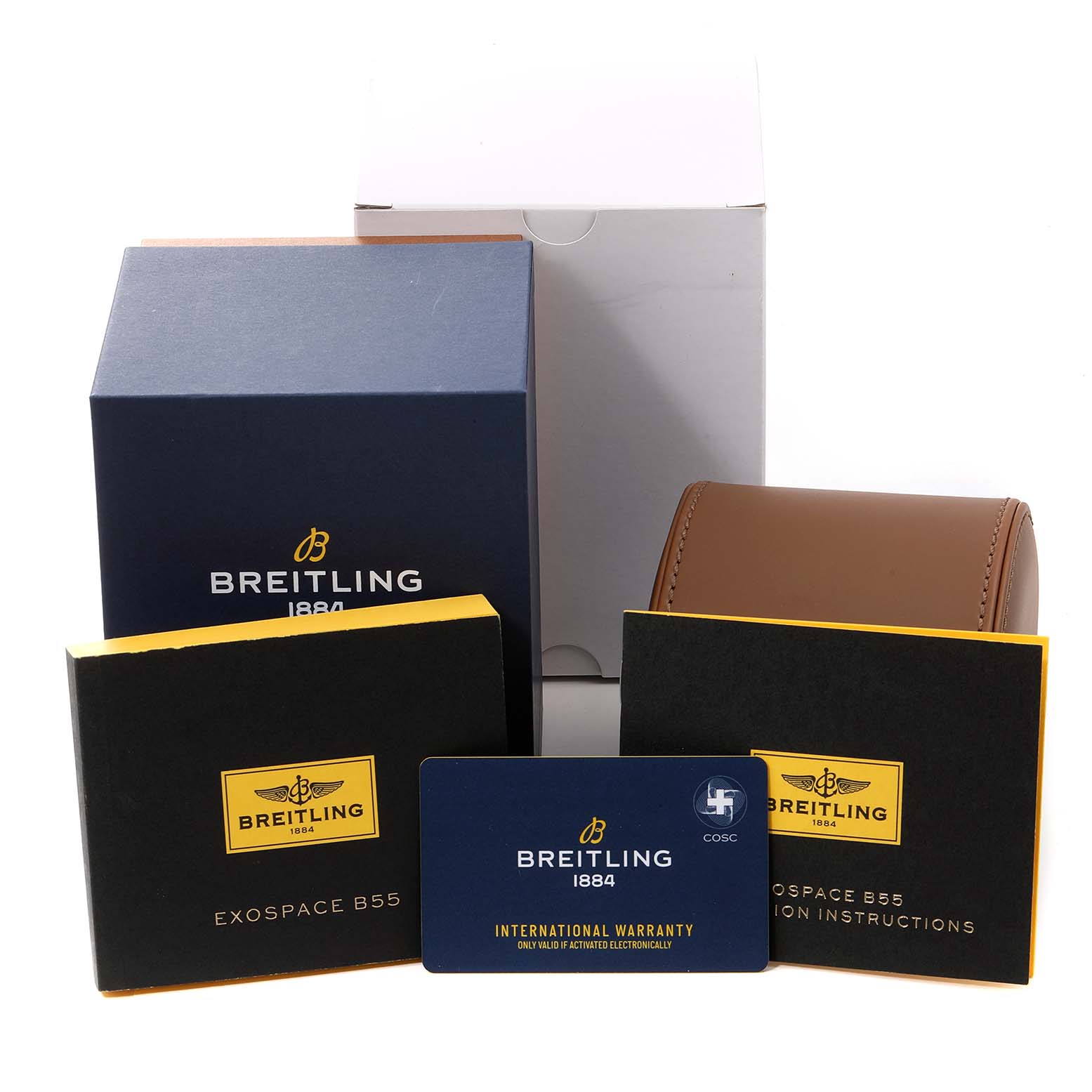The image shows the packaging and accessories for a Breitling Professional Series VB5510 Men's Titanium Black Dial VB5510 Men's Titanium Black Dial watch, including boxes, a leather case, manuals, and a warranty card.