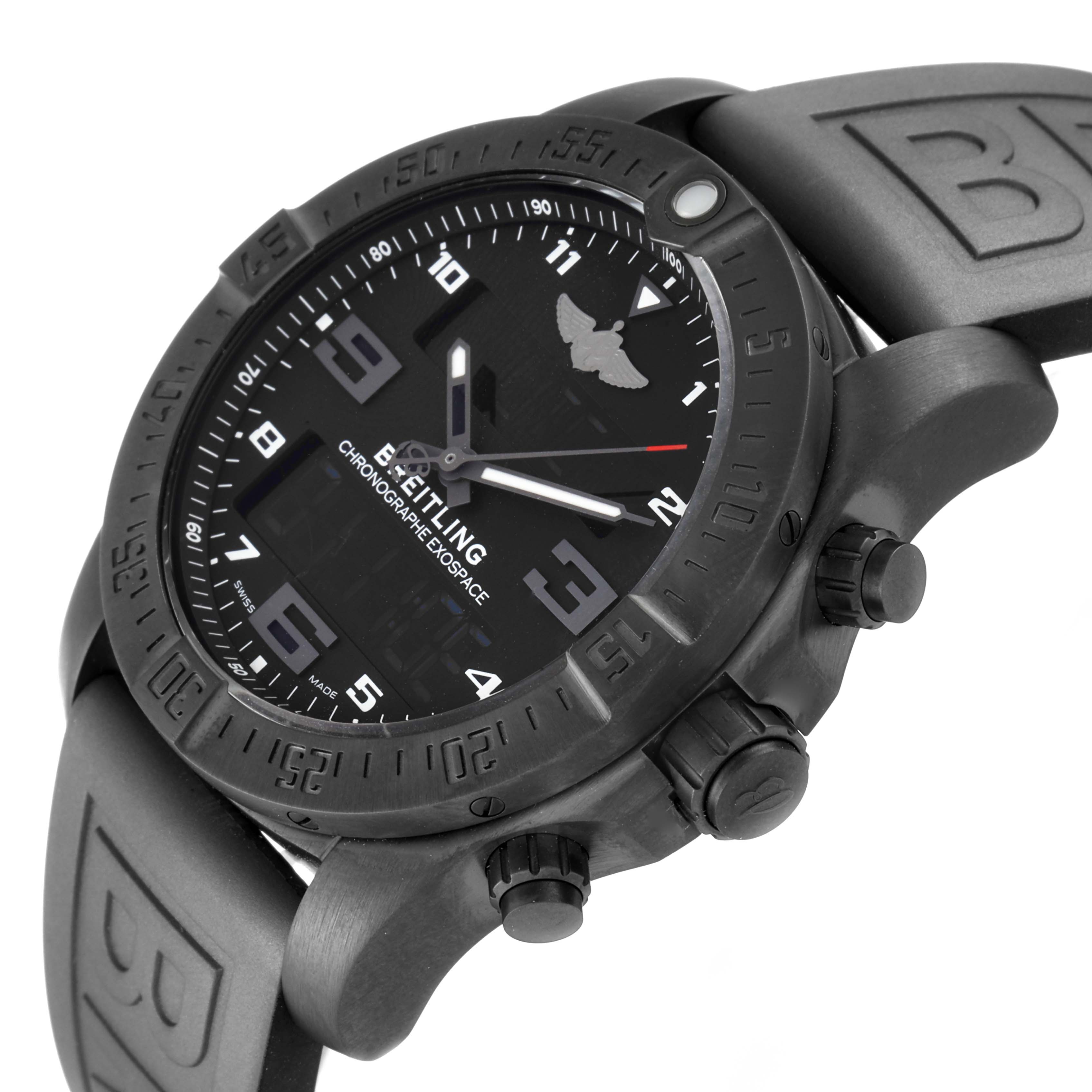 This image shows a side angle of the Breitling Professional Series VB5510 Men
s Titanium Black Dial VB5510 Men
s Titanium Black Dial watch, highlighting its face, bezel, and two pushers.