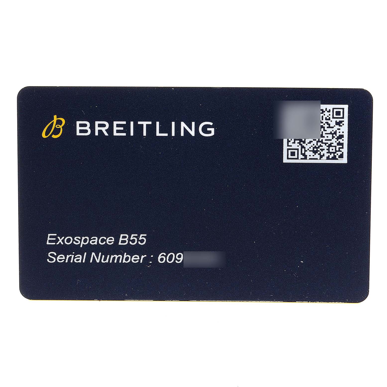 This image shows a warranty card for the Professional Series Breitling Exospace B55 watch, featuring the brand name and serial number.