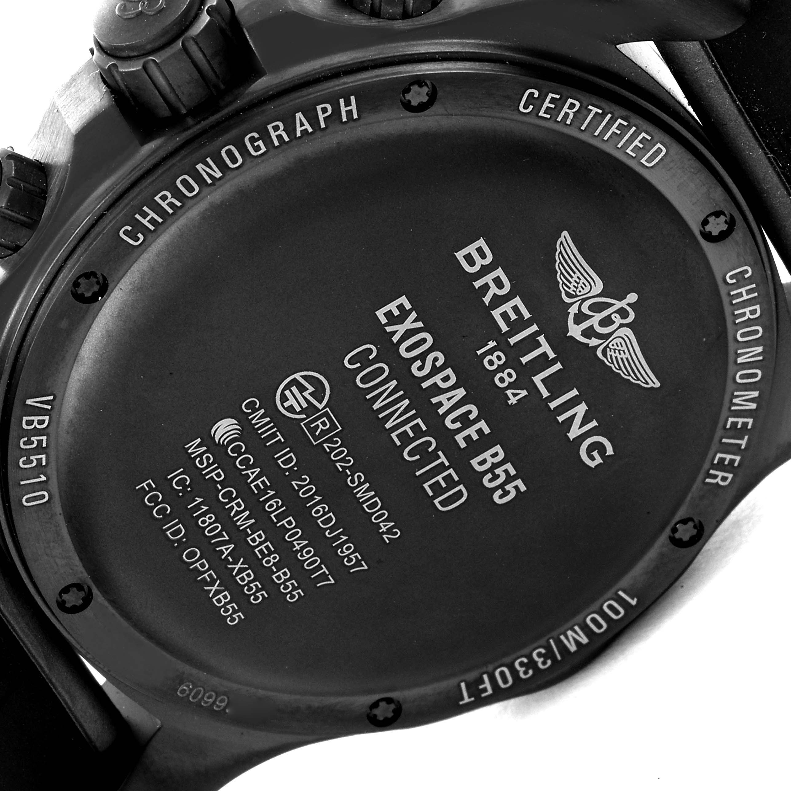 The image shows the back case of the Breitling Professional Series VB5510 Men
s Titanium Black Dial VB5510 Men
s Titanium Black Dial Exospace B55 watch, highlighting the model details and certifications.