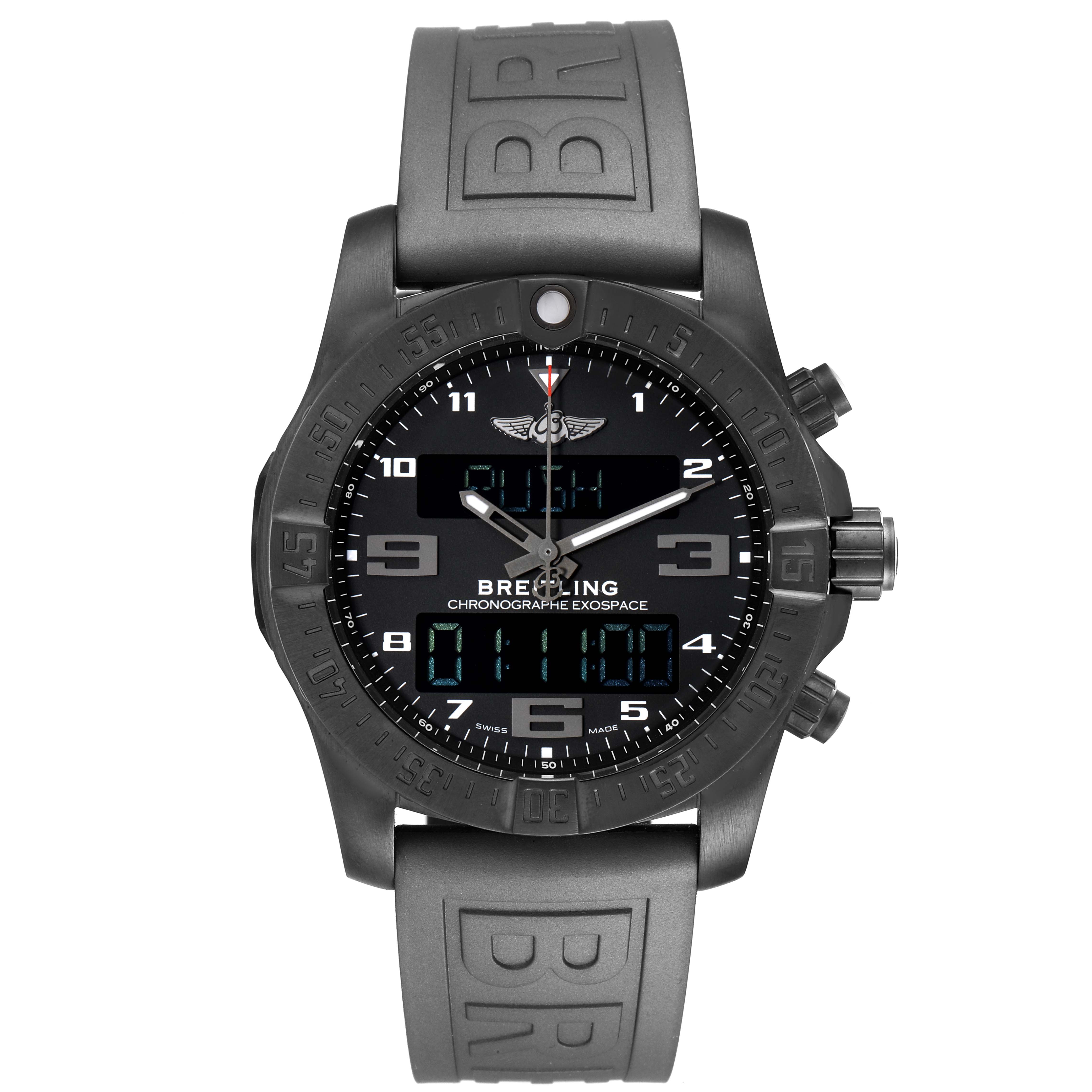 The image shows a front view of a Breitling Professional Series VB5510 Men
s Titanium Black Dial VB5510 Men
s Titanium Black Dial watch, highlighting its dial, strap, and buttons.