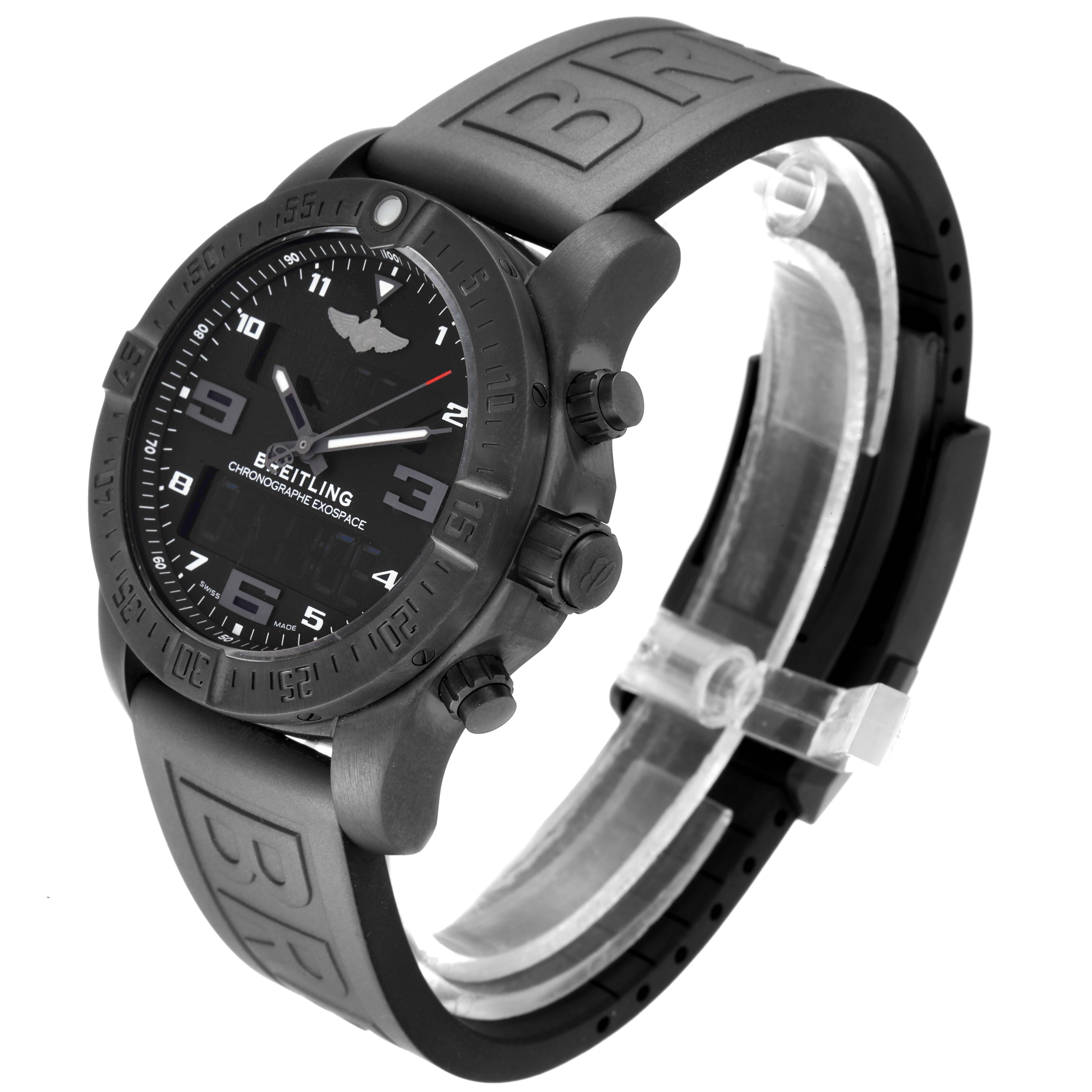 This image shows a Breitling Professional Series VB5510 Men
s Titanium Black Dial VB5510 Men
s Titanium Black Dial watch at an angle displaying its face, bezel, buttons, and strap.