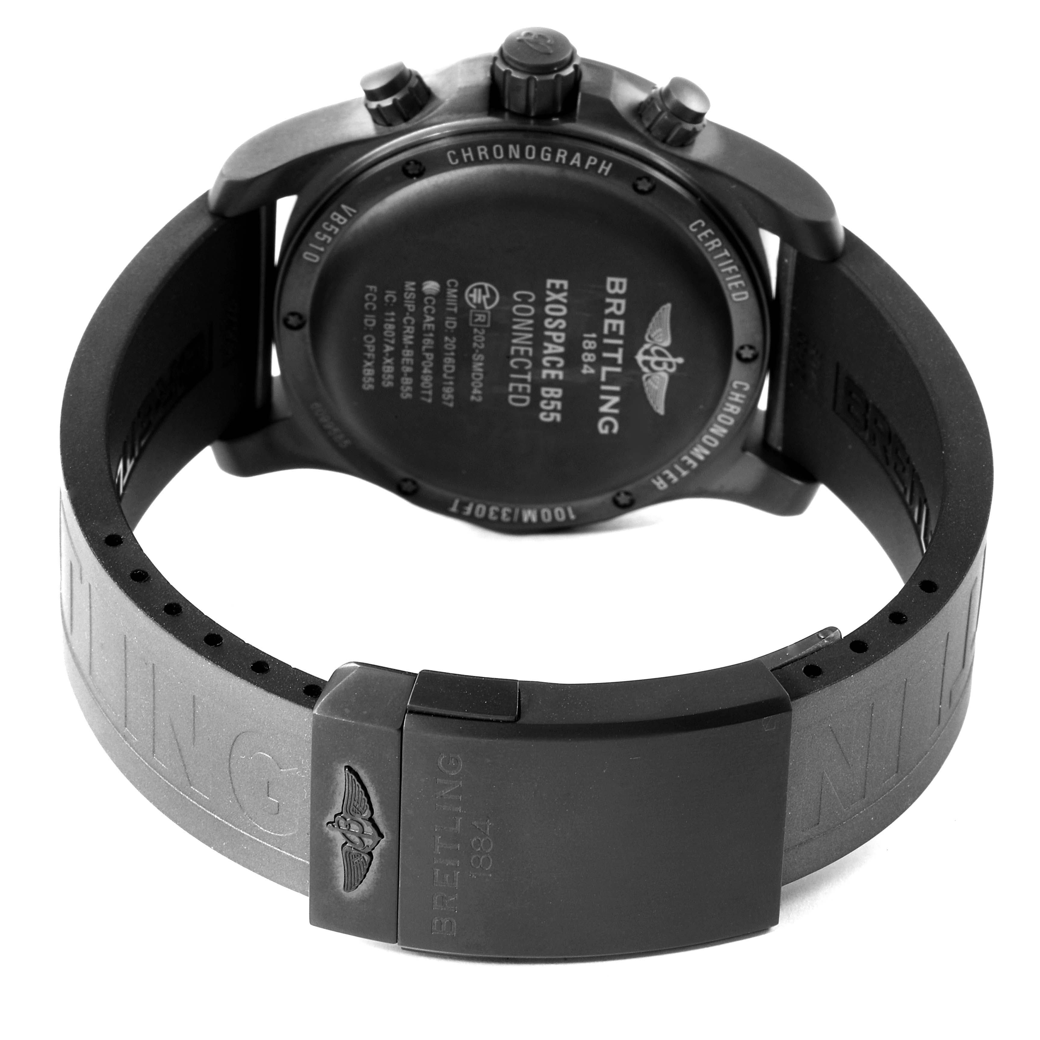 The Breitling Professional Series VB5510 Men
s Titanium Black Dial VB5510 Men
s Titanium Black Dial Exospace B55 watch is shown from the back, featuring the case back and rubber strap.