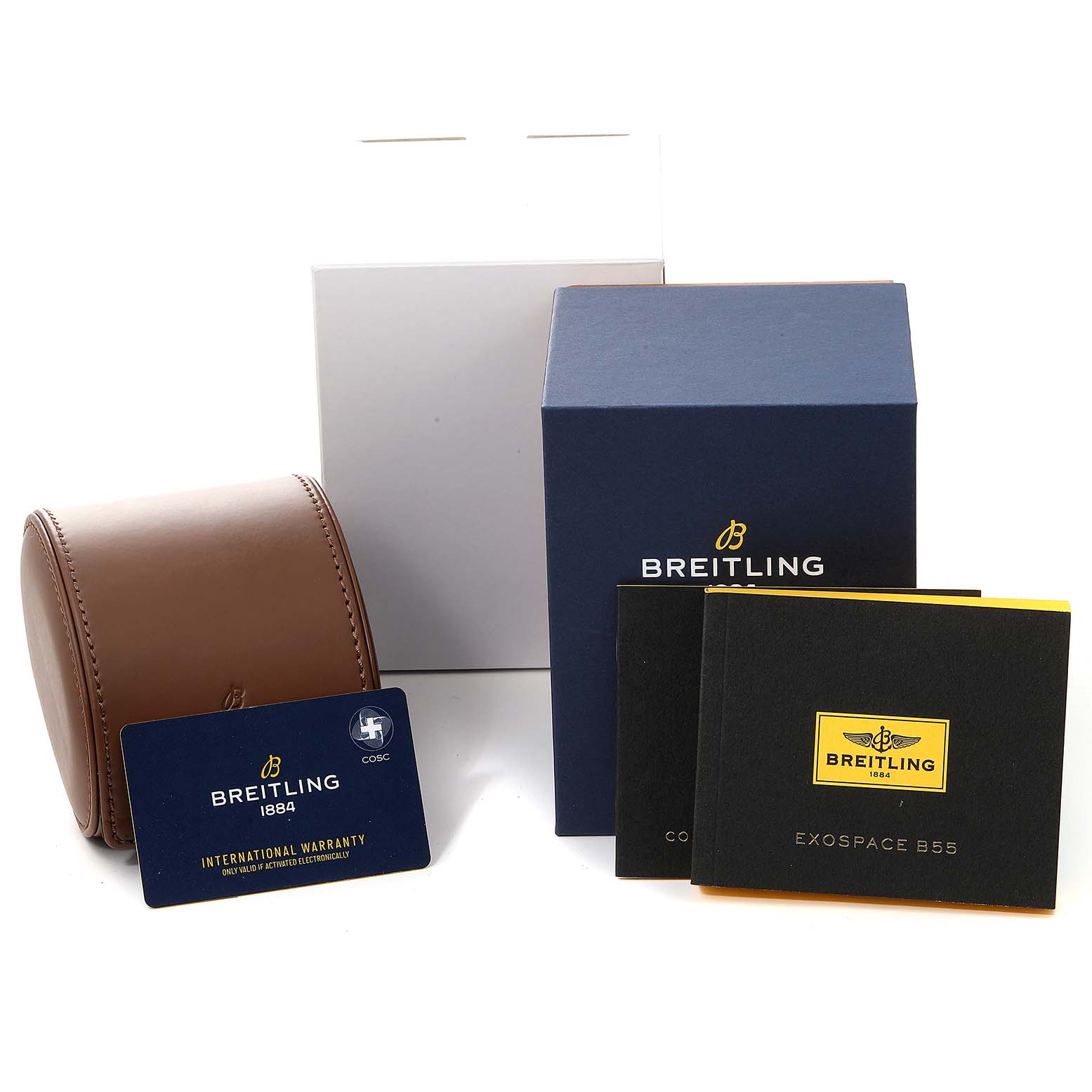 The image shows the packaging, warranty card, and manuals for the Breitling Professional Series VB5510 Men
s Titanium Black Dial VB5510 Men
s Titanium Black Dial watch.