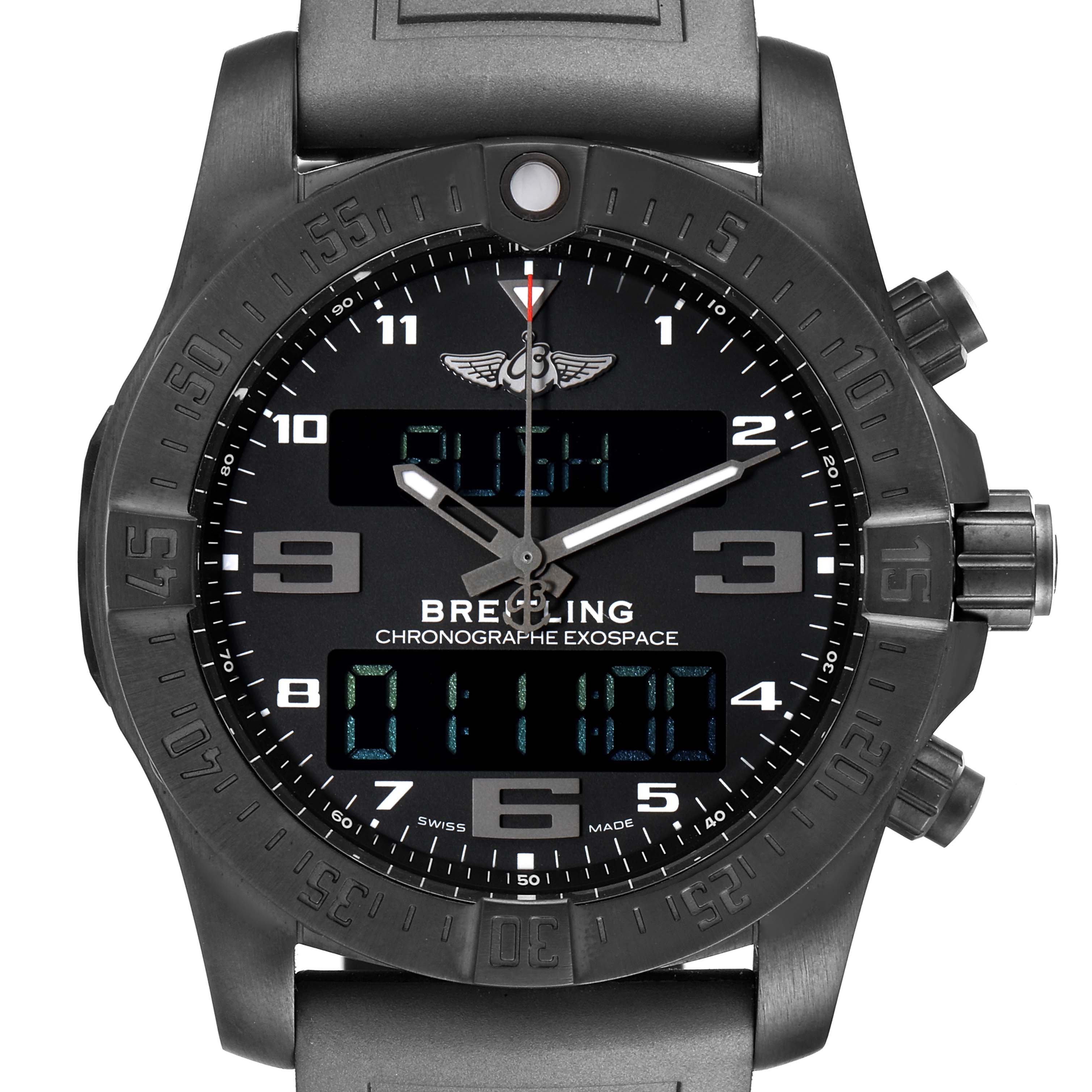 The image shows the face of a Breitling Professional Series VB5510 Men
s Titanium Black Dial VB5510 Men
s Titanium Black Dial Chronographe Exospace watch, with the bezel, dial, and pushers visible.