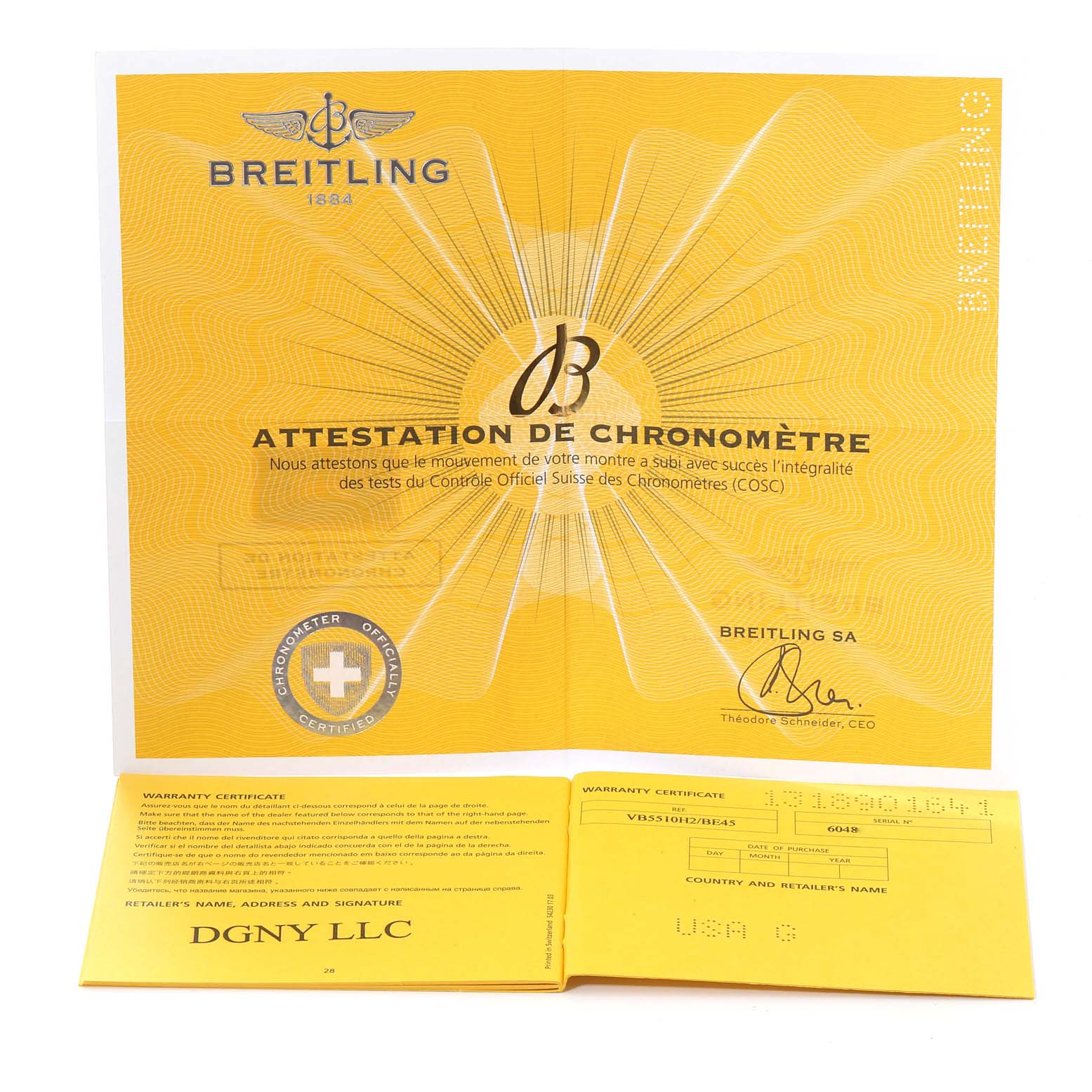 This image shows the certification and warranty documents for the Breitling Professional Series VB5510 Men's Titanium Black Dial VB5510 Men's Titanium Black Dial watch.