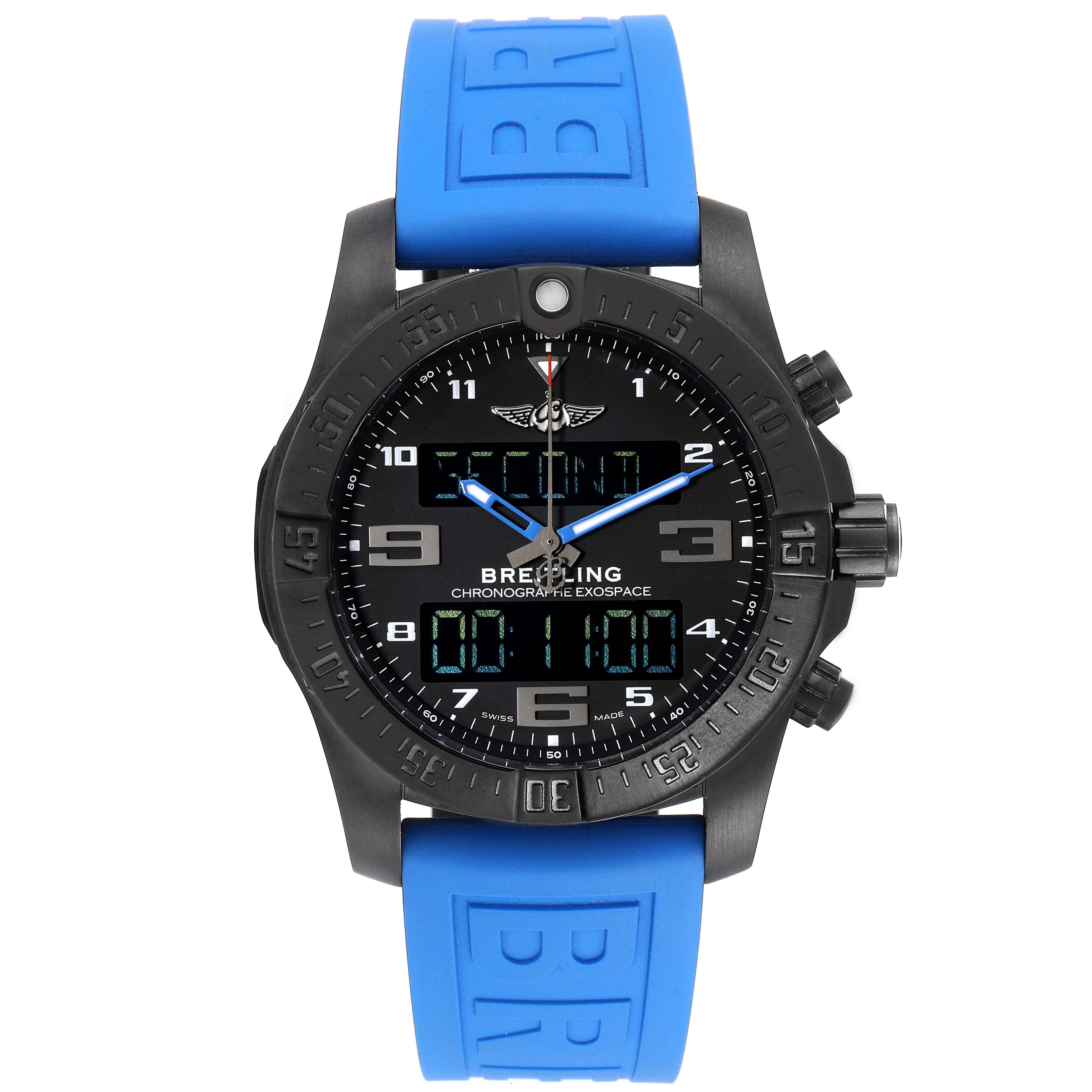 The Breitling Professional Series VB5510 Men's Titanium Black Dial VB5510 Men's Titanium Black Dial watch is shown from the front, displaying the face, bezel, and blue strap.